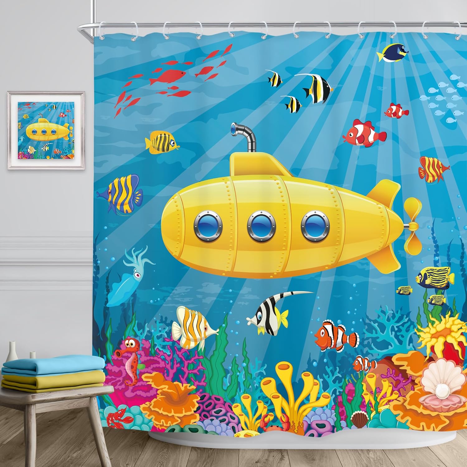 Riyidecor Kids Cartoon Shower Curtain Set