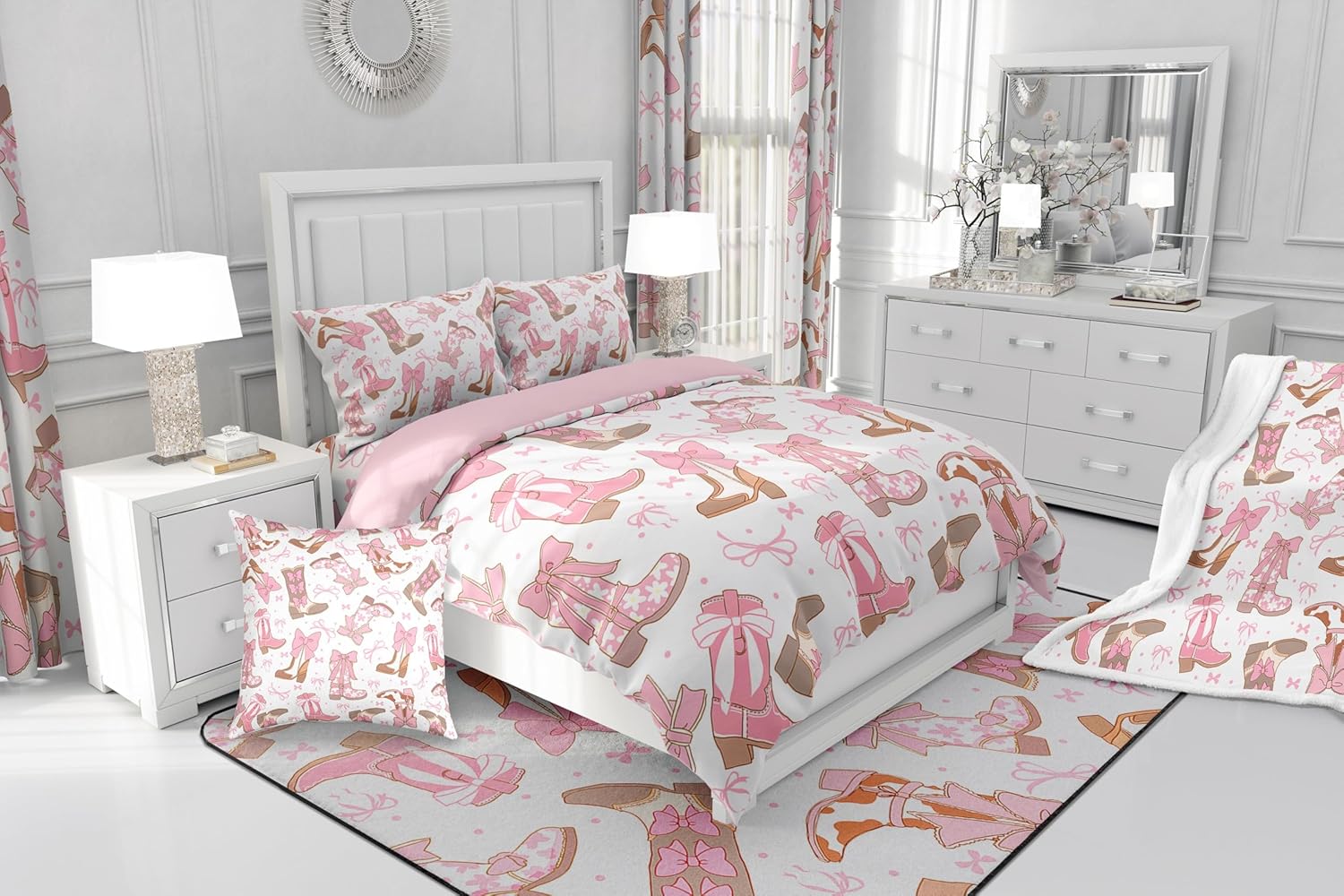 Feelyou Pink Western Bath Curtain Cowgirl Cowboy Boots