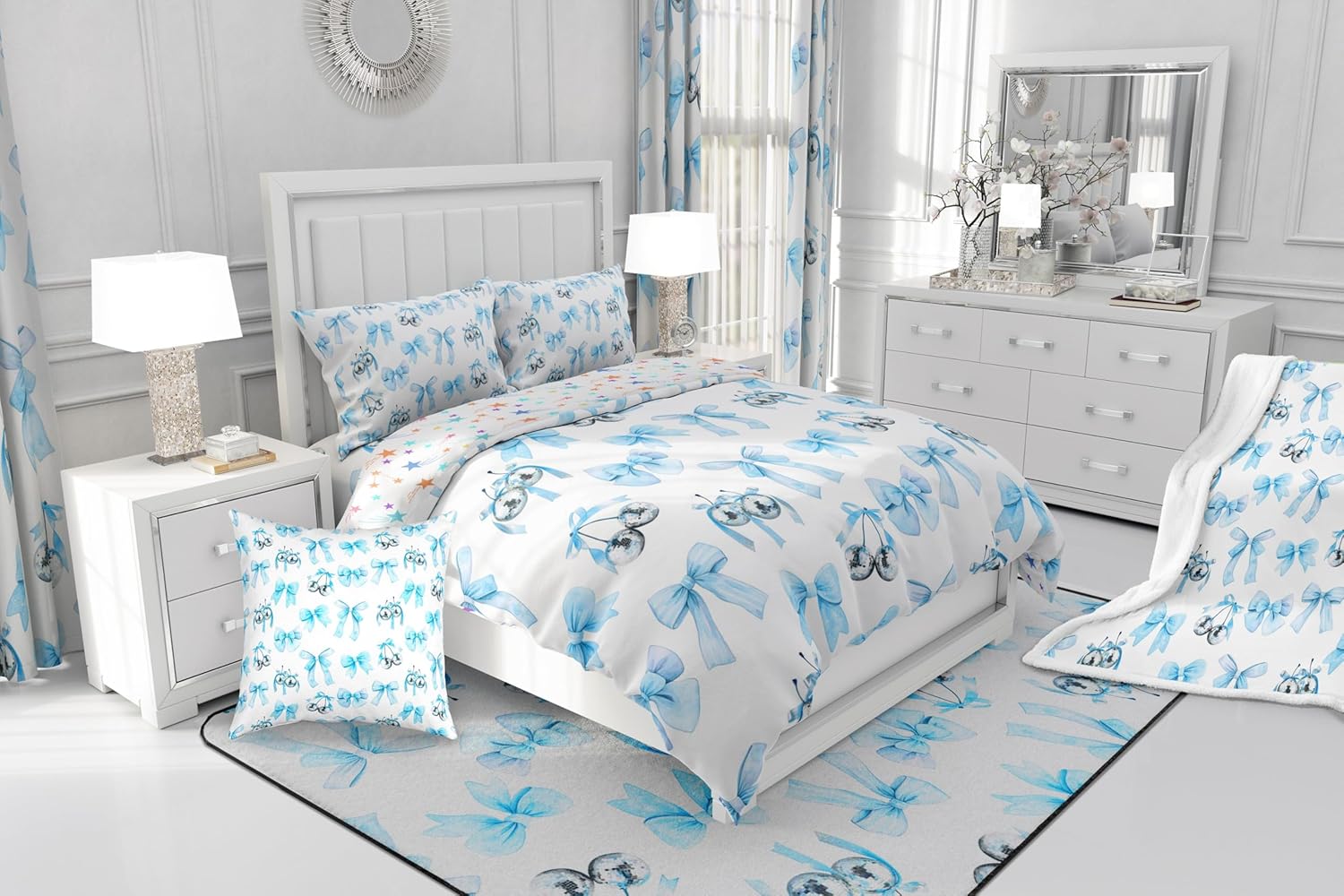 Feelyou Kids Blue Bowknot Shower Curtain Set