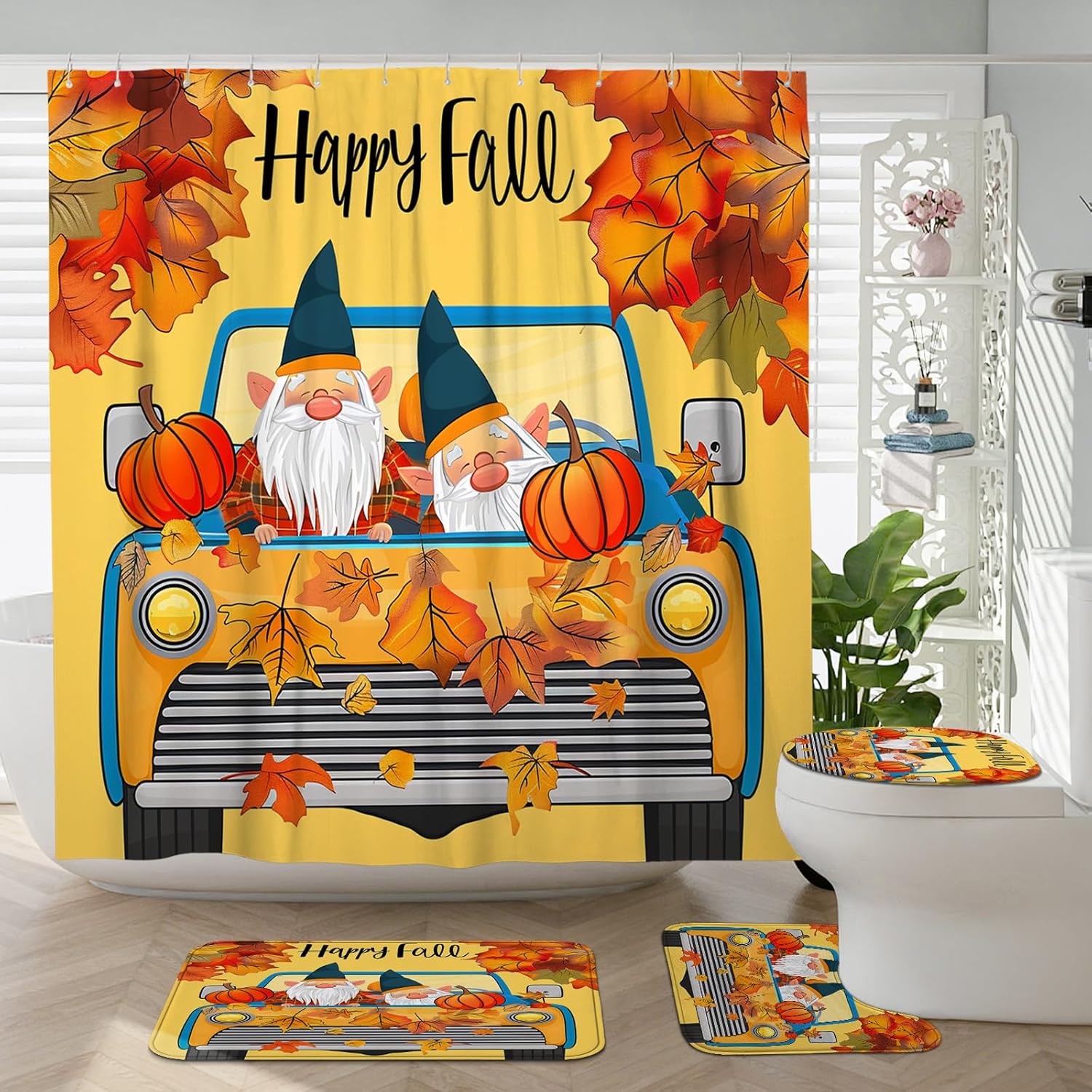 4PCS Fall Kids Gnome Shower Curtain Set with Hooks
