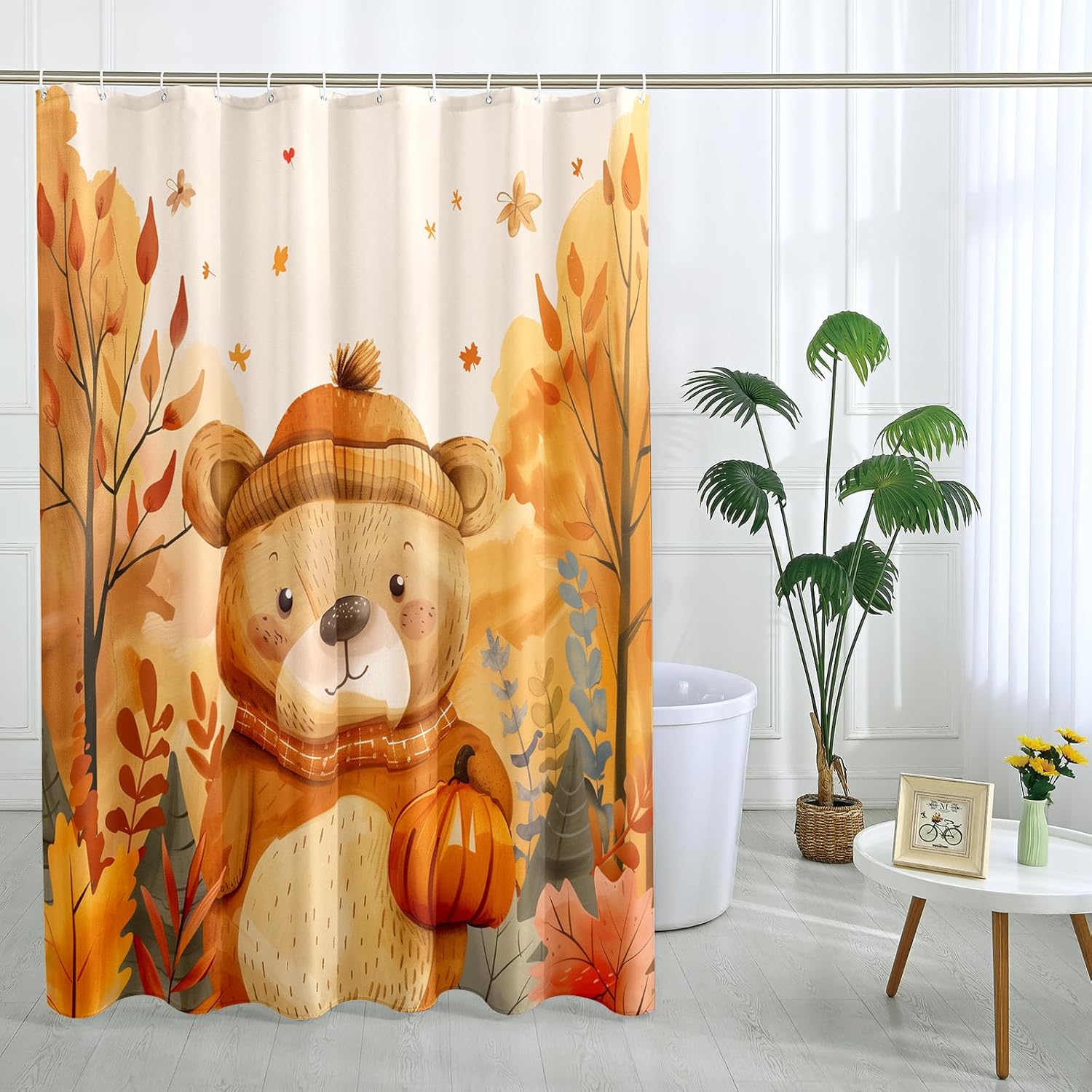 Fall Pumpkin Bear Shower Curtain Autumn Kawaii Bath Decor