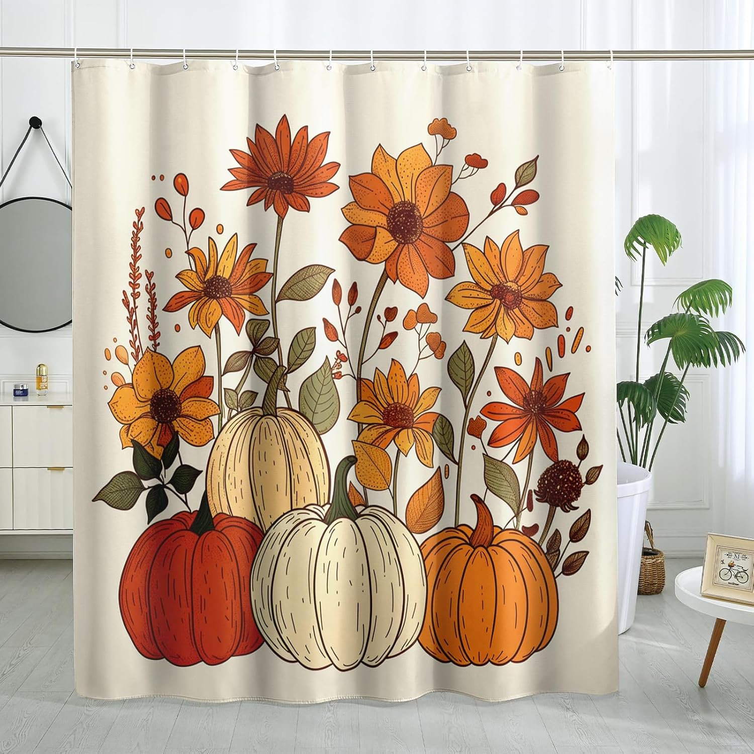 Fall Cream Pumpkin shower curtain set Autumn line drawing 62x72 TPHIHpT