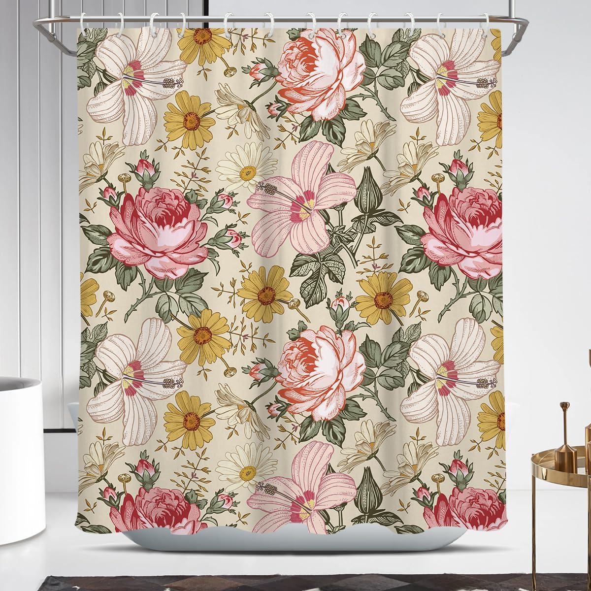 Coxila Pink Floral Shower Curtain Set