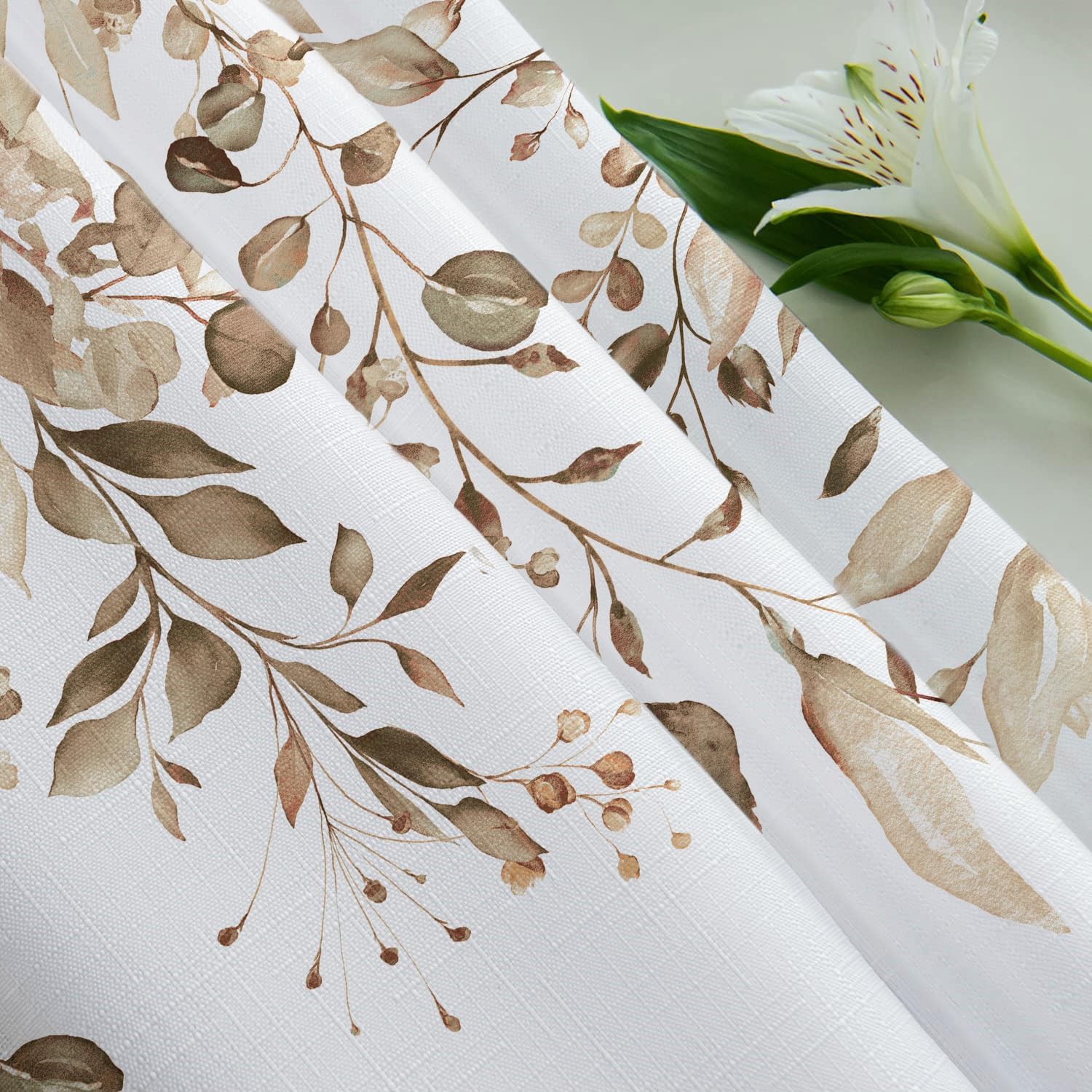 Tititex Tan Light Brown Leaves Faux Linen Shower Curtain Set 72x72 with Hooks