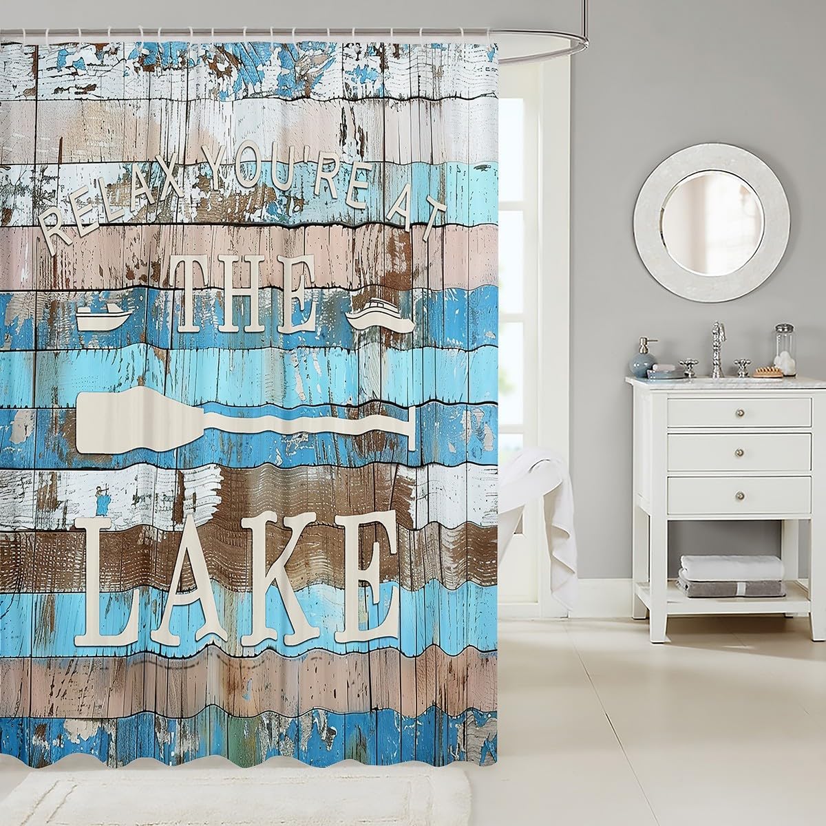 Manfei Kids Lake Camper Shower Curtain Set Waterproof Rustic Style
