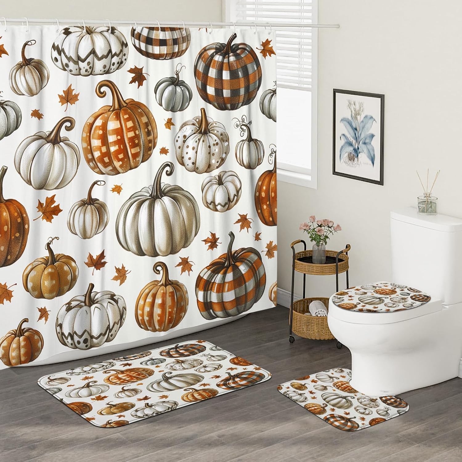 4PCS Fall Pumpkin Shower Curtain Set with Hooks and Non-Slip Rug