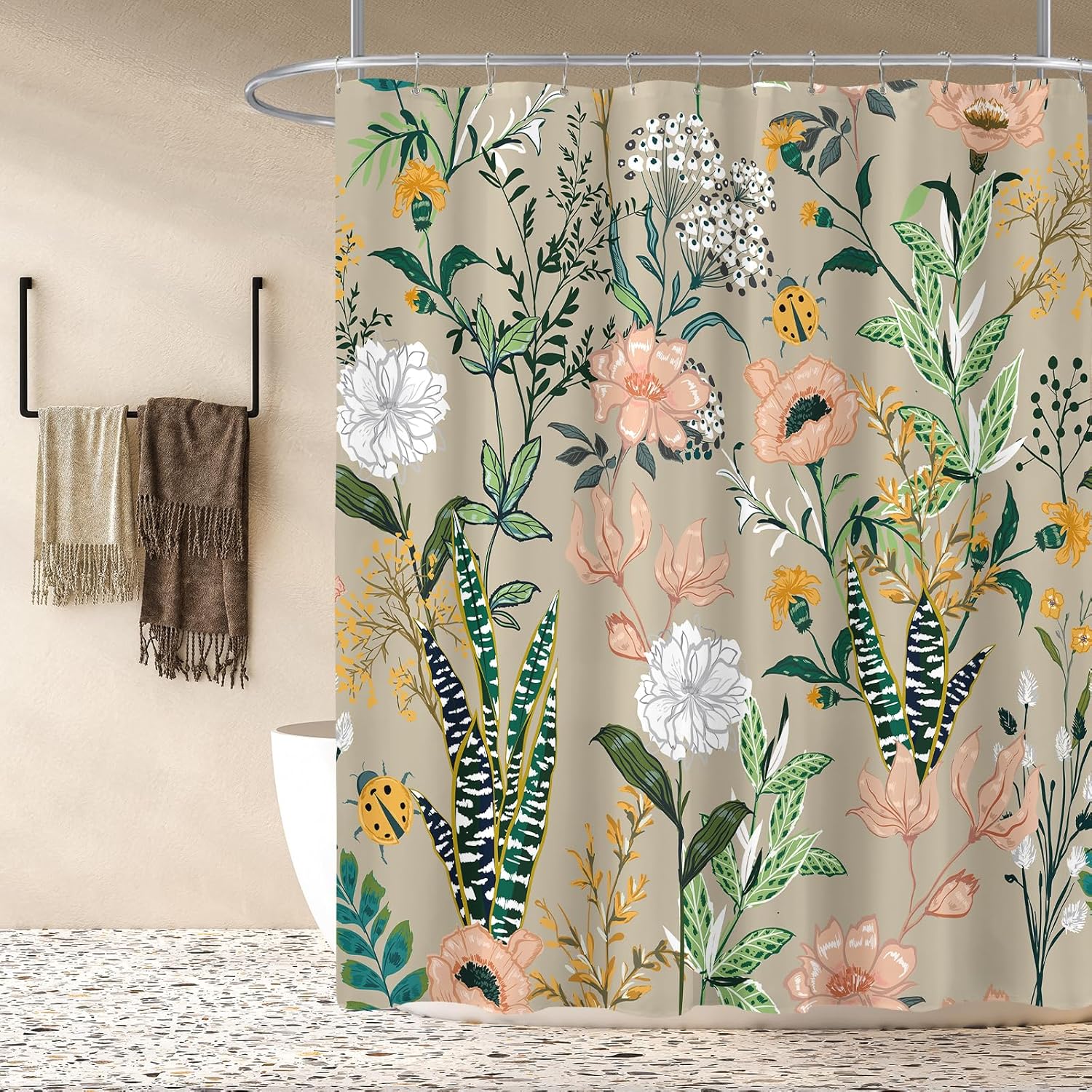 Beige-Pink Boho Floral Shower Curtain Fresh Breeze in Your Bathroom