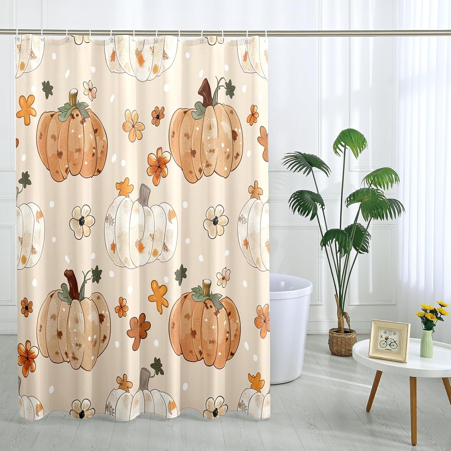 GDHBLING Fall Dot Pumpkin Shower Curtain with Rust-Proof Metal Rings