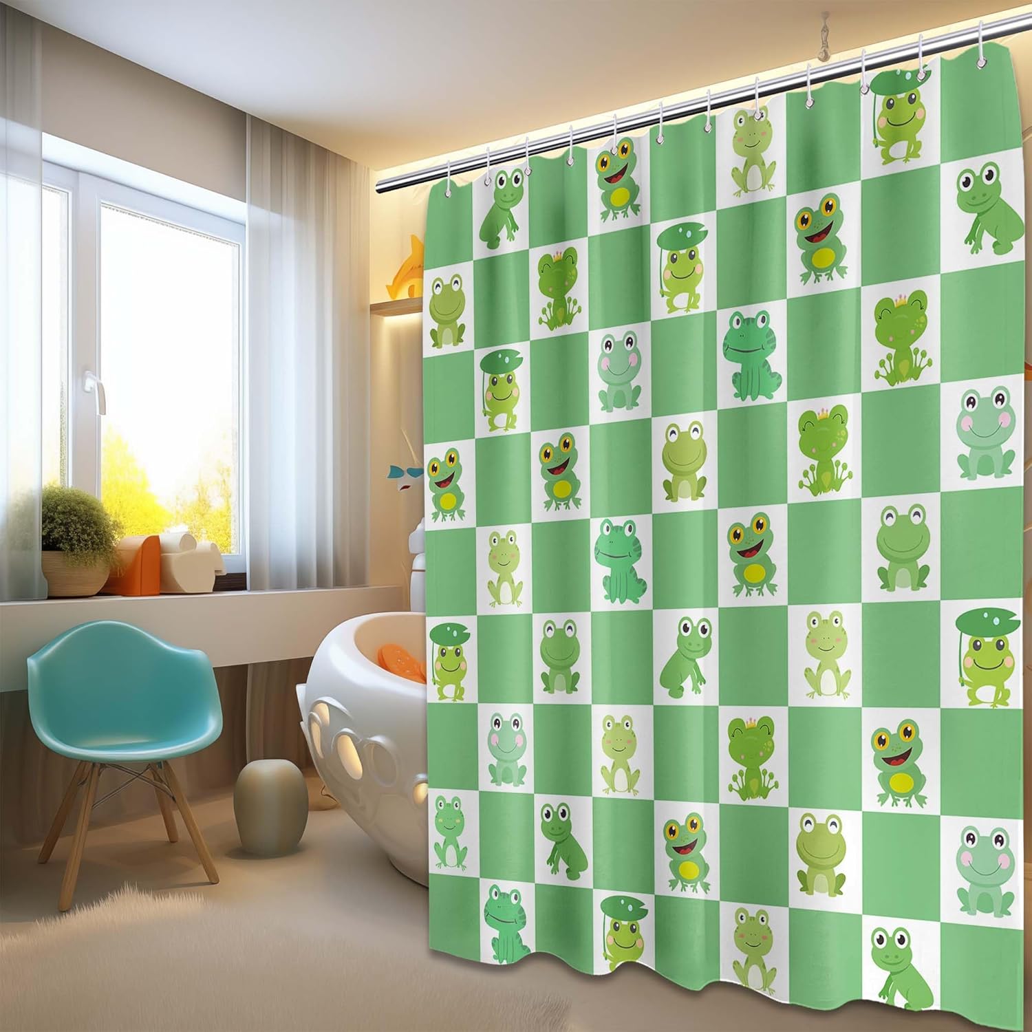 Frog Shower Curtain Green Checkered Kids Bathroom Decor