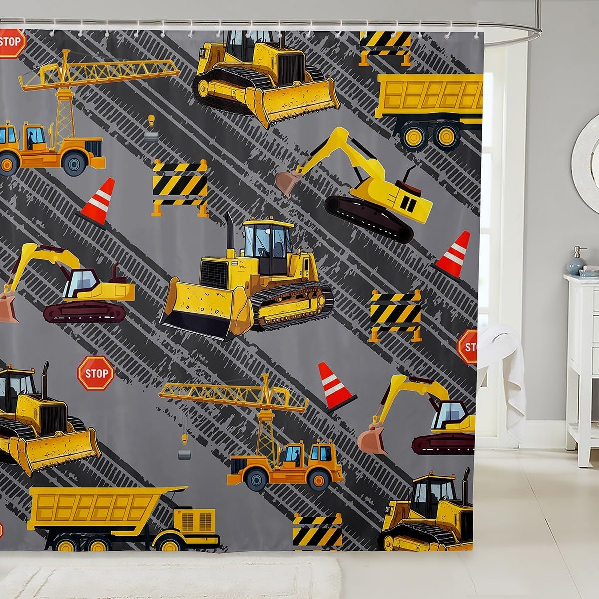 Waterproof 72x78 Cartoon Excavator Shower Curtain