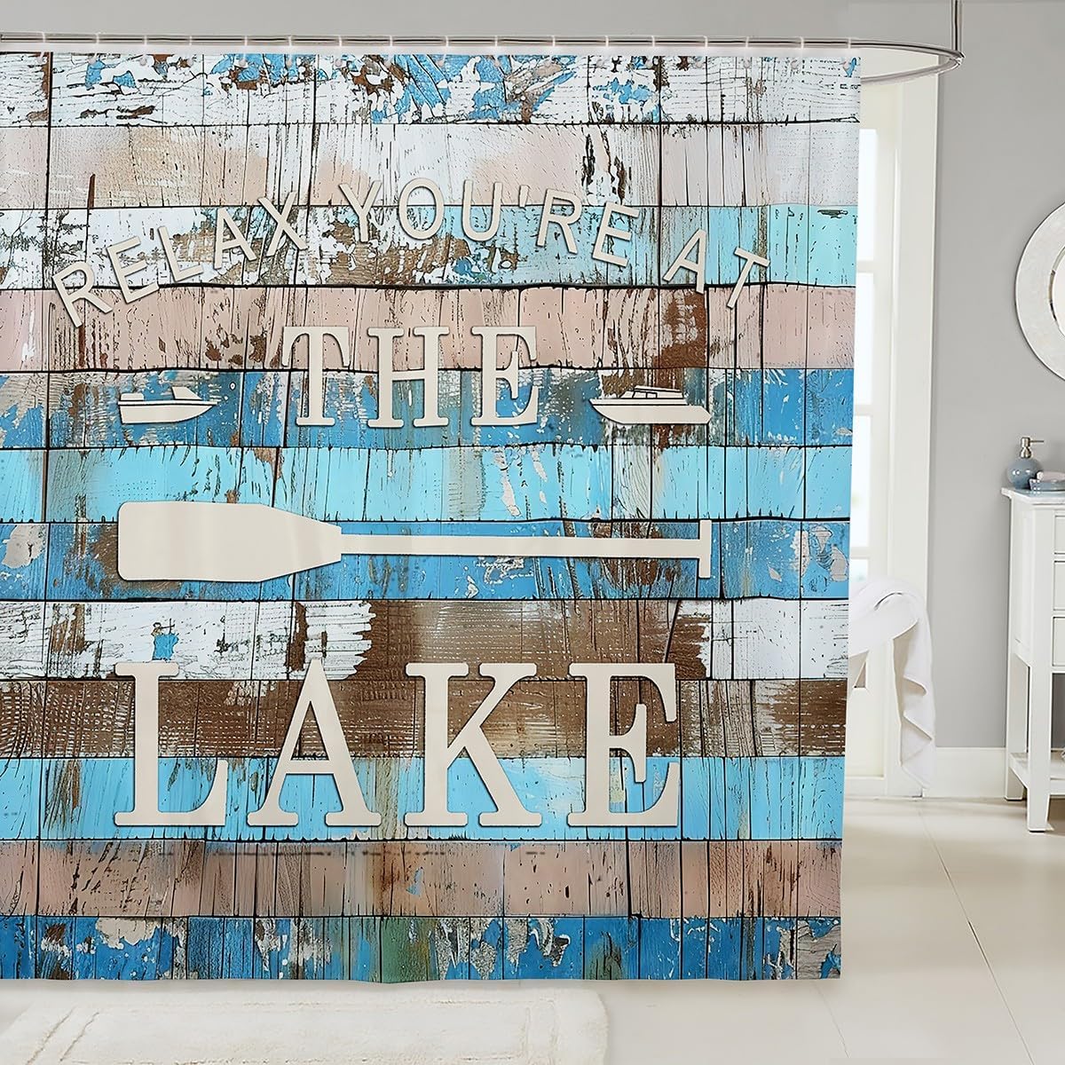 Manfei Kids Lake Camper Shower Curtain Set Waterproof Rustic Style