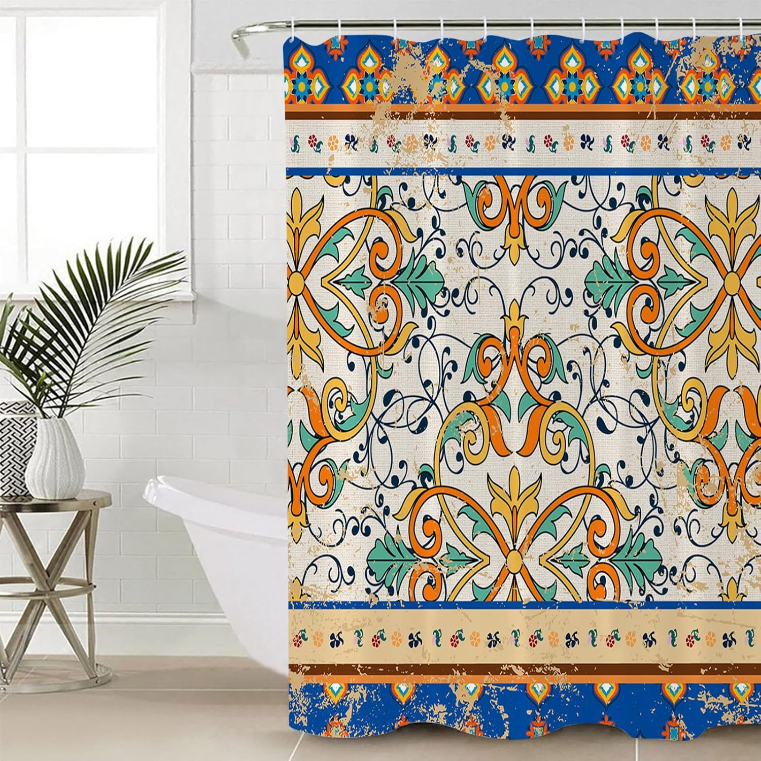 Bath Time Beauty - Boho Geometric Shower Curtain Rug Set Waterfall Print 66x72