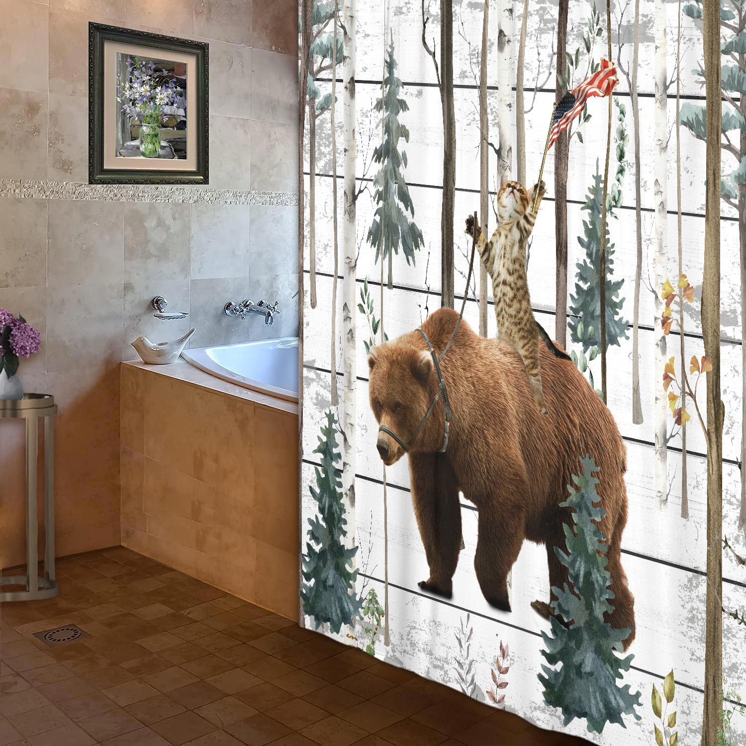 JAWO Funny Cat Bear Shower Curtain Birch Forest