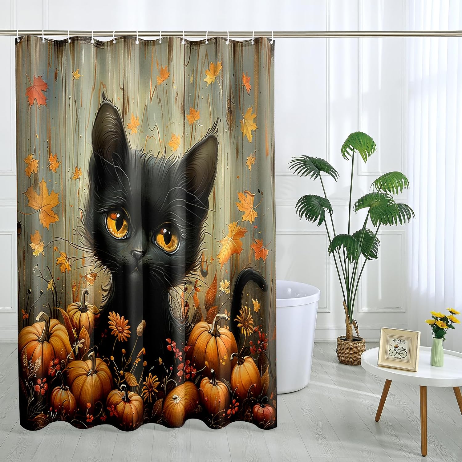 Halloween Cat 72x72 Autumn Wood Bath Shower Curtain with 12 Hooks