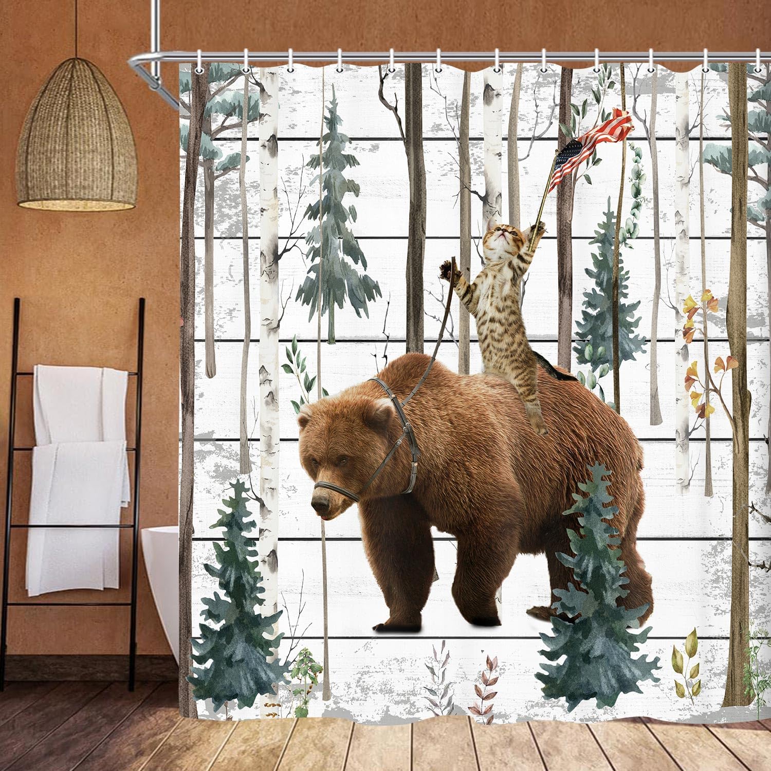 JAWO Funny Cat Bear Shower Curtain Birch Forest