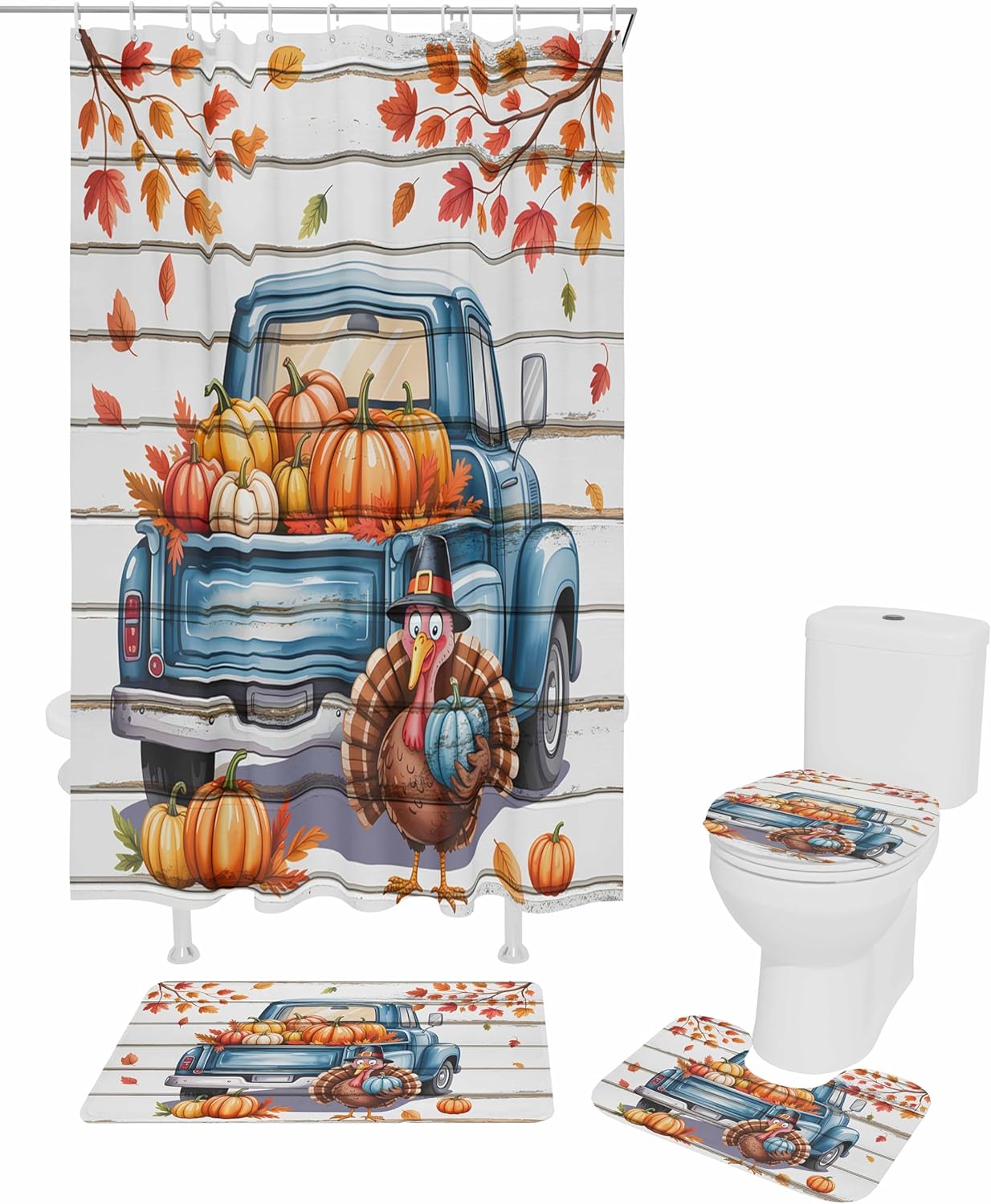 4-Piece Thanksgiving Fall shower curtain set waterproof