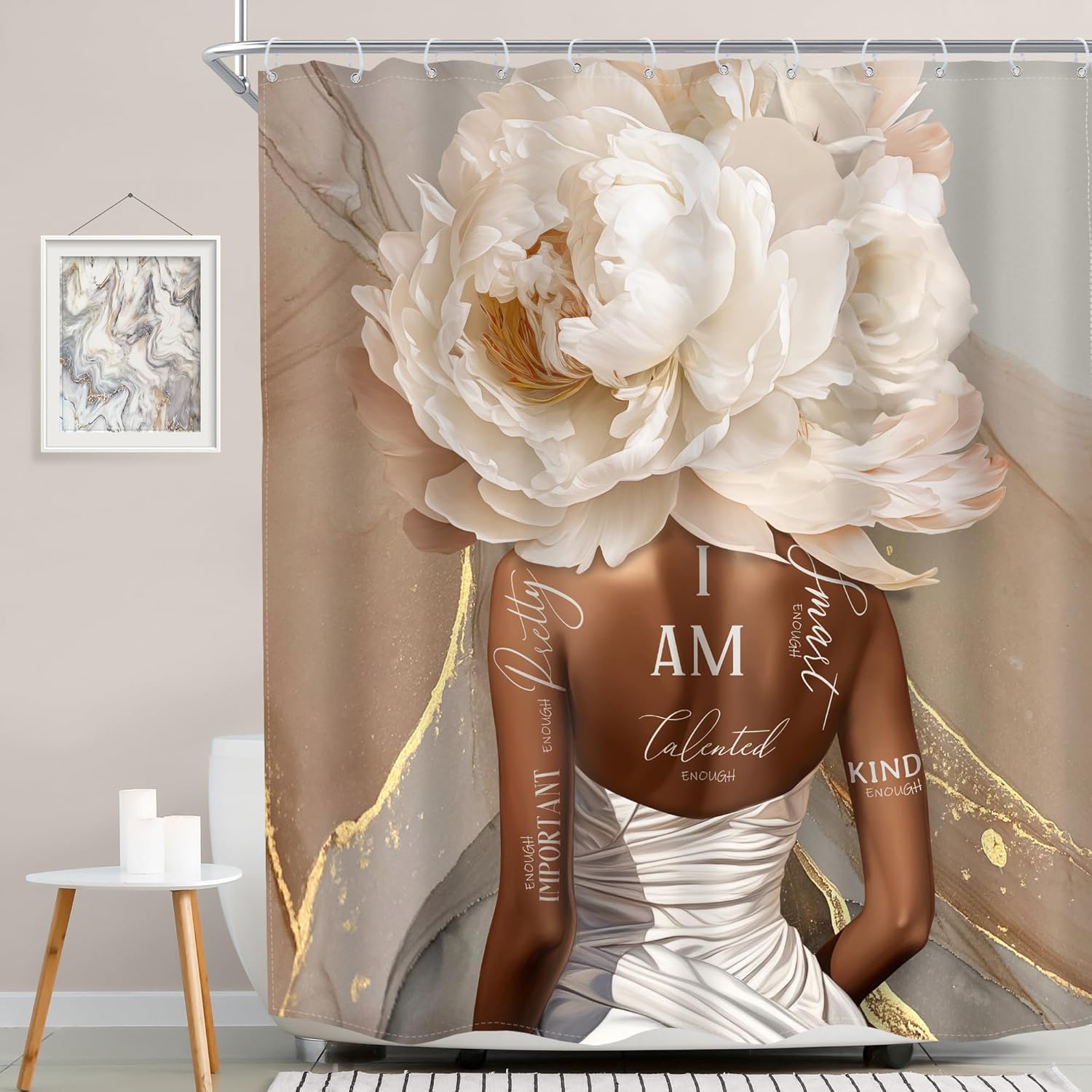 MESHELLY Pink Floral Marble Shower Curtain Set with 12 Hooks