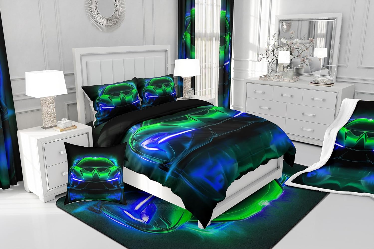 Feelyou Green Blue Race Car Bath Curtain 72 Speed Kids fauxrah