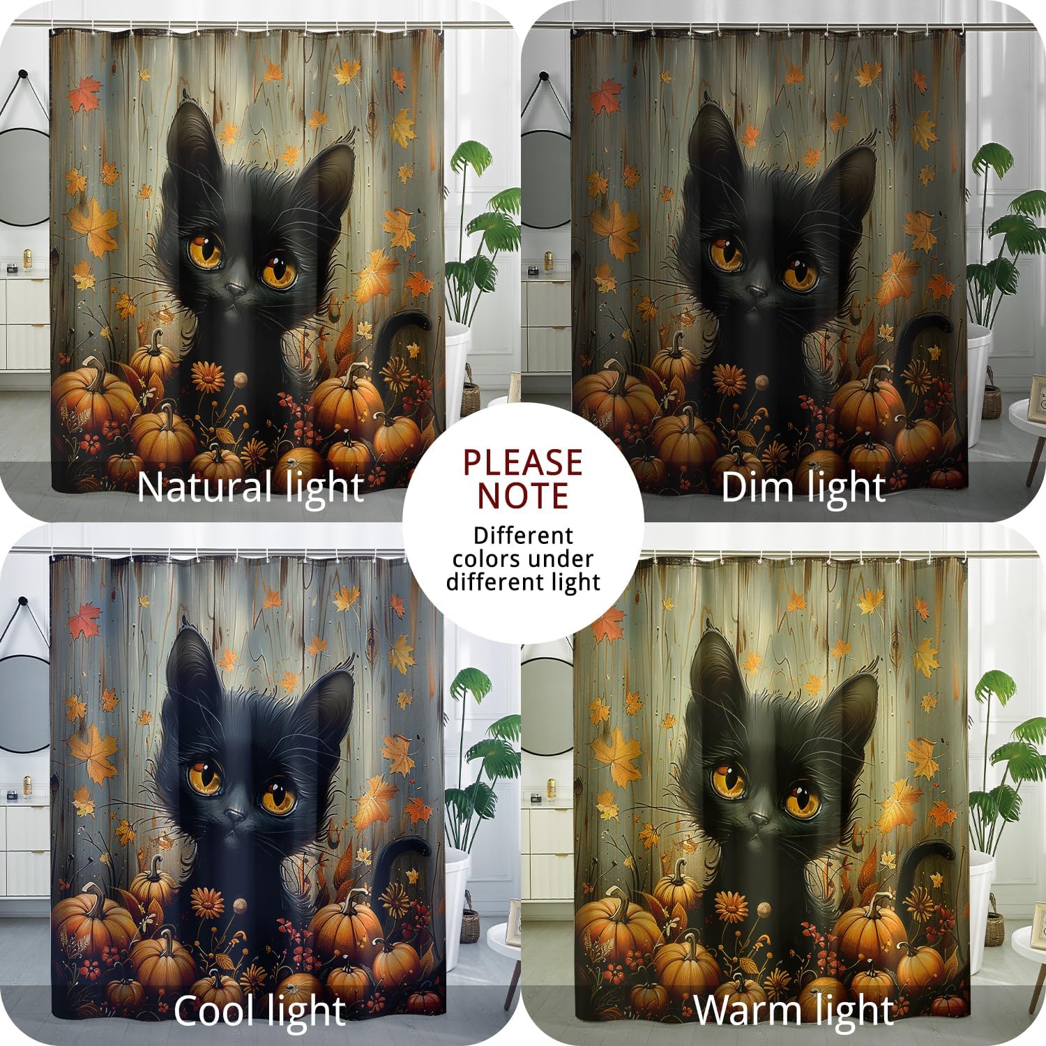 Halloween Cat 72x72 Autumn Wood Bath Shower Curtain with 12 Hooks