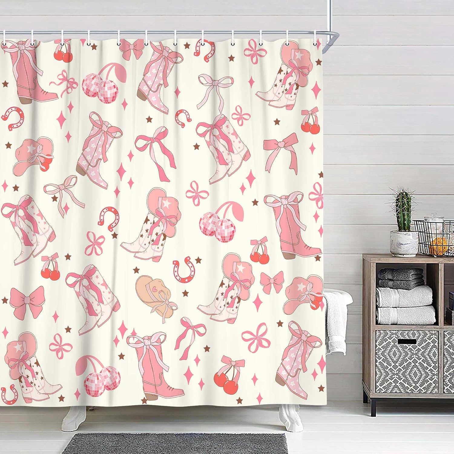 DYNH Pink Bow Western Shower Curtain Set