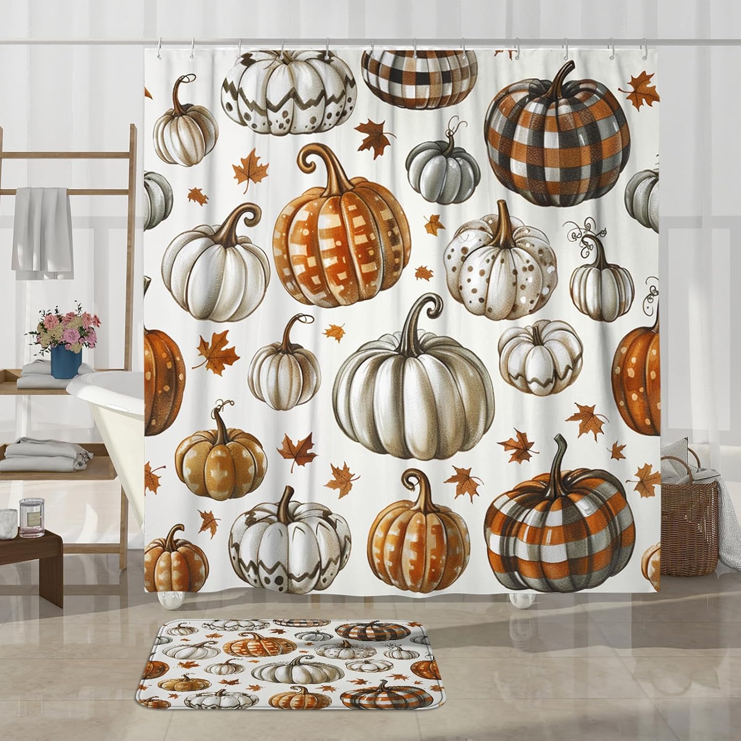 4PCS Fall Pumpkin Shower Curtain Set with Hooks and Non-Slip Rug
