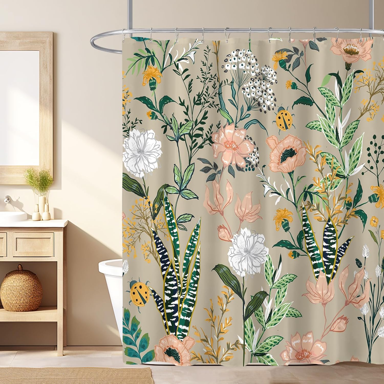 Beige-Pink Boho Floral Shower Curtain Fresh Breeze in Your Bathroom
