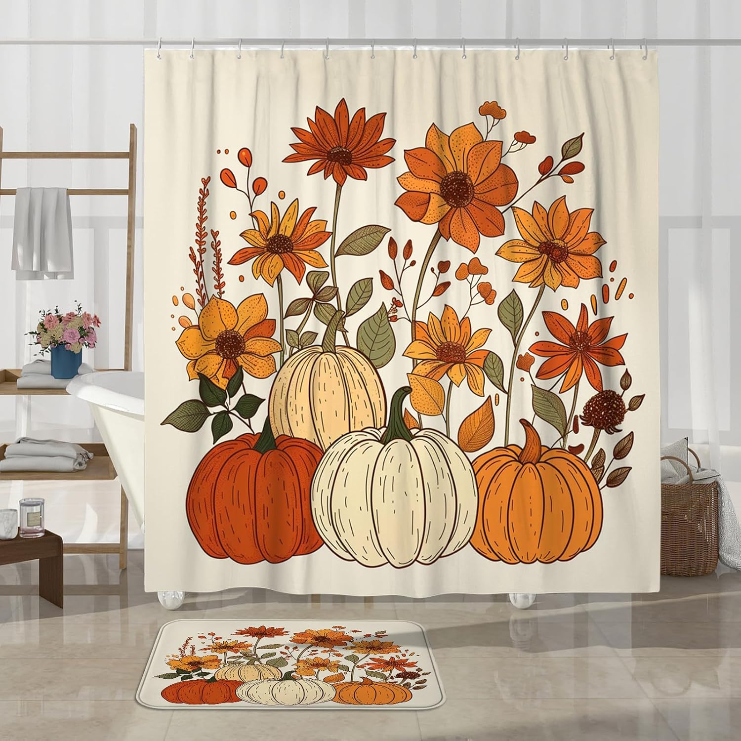 4PCS Fall Cream Pumpkin Shower Curtain Set