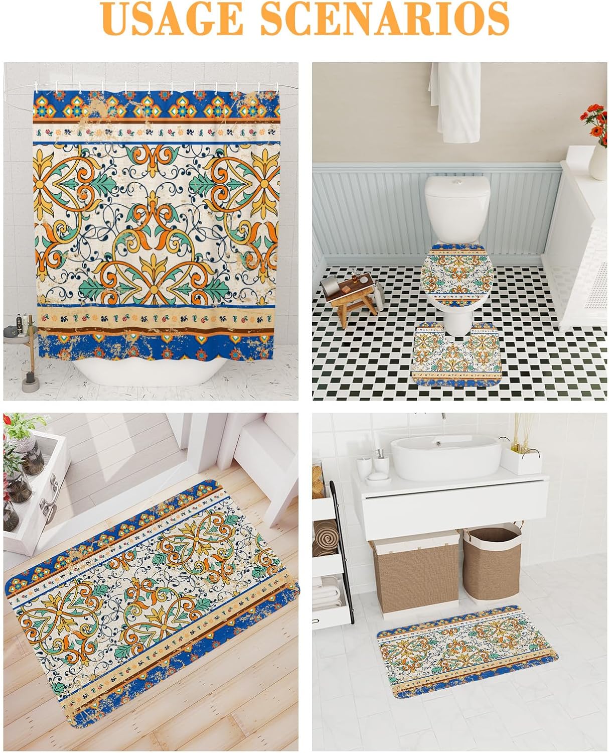 Bath Time Beauty - Boho Geometric Shower Curtain Rug Set Waterfall Print 66x72