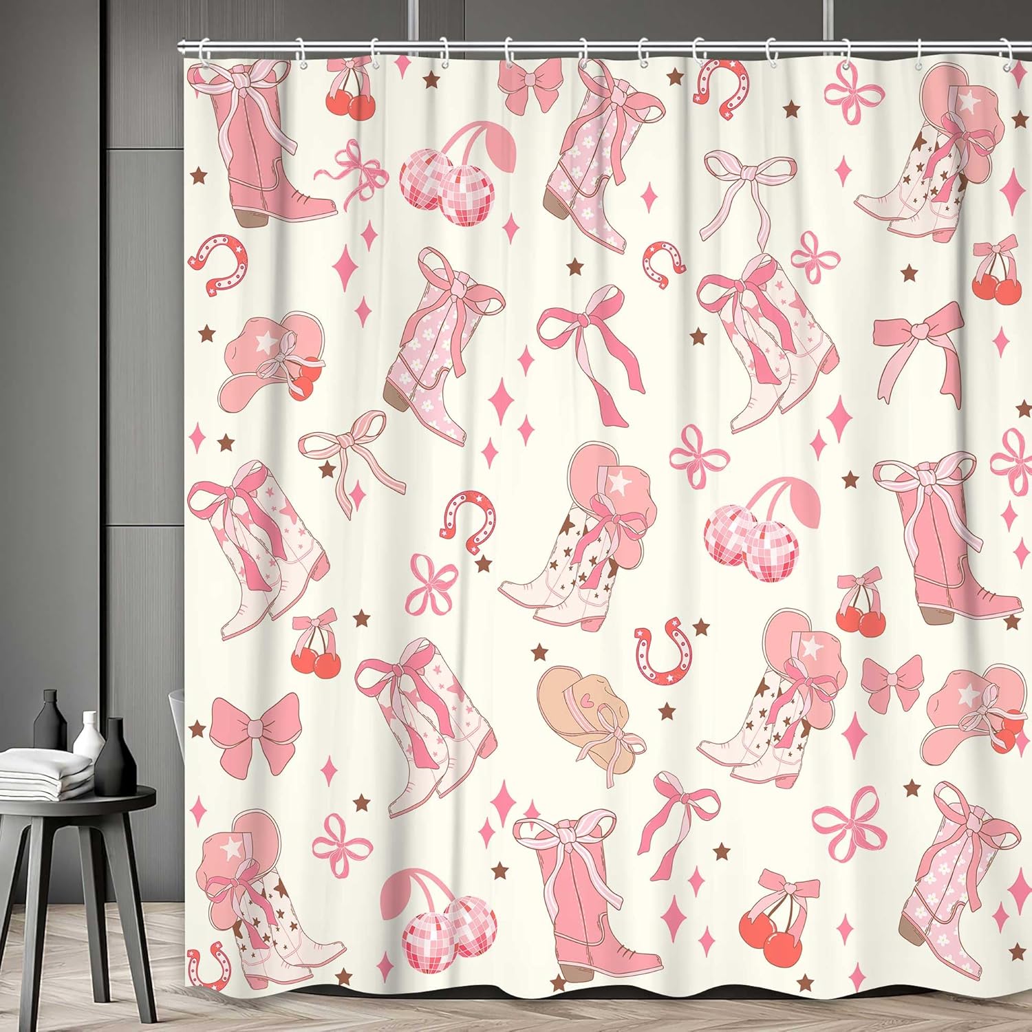 DYNH Pink Bow Western Shower Curtain Set