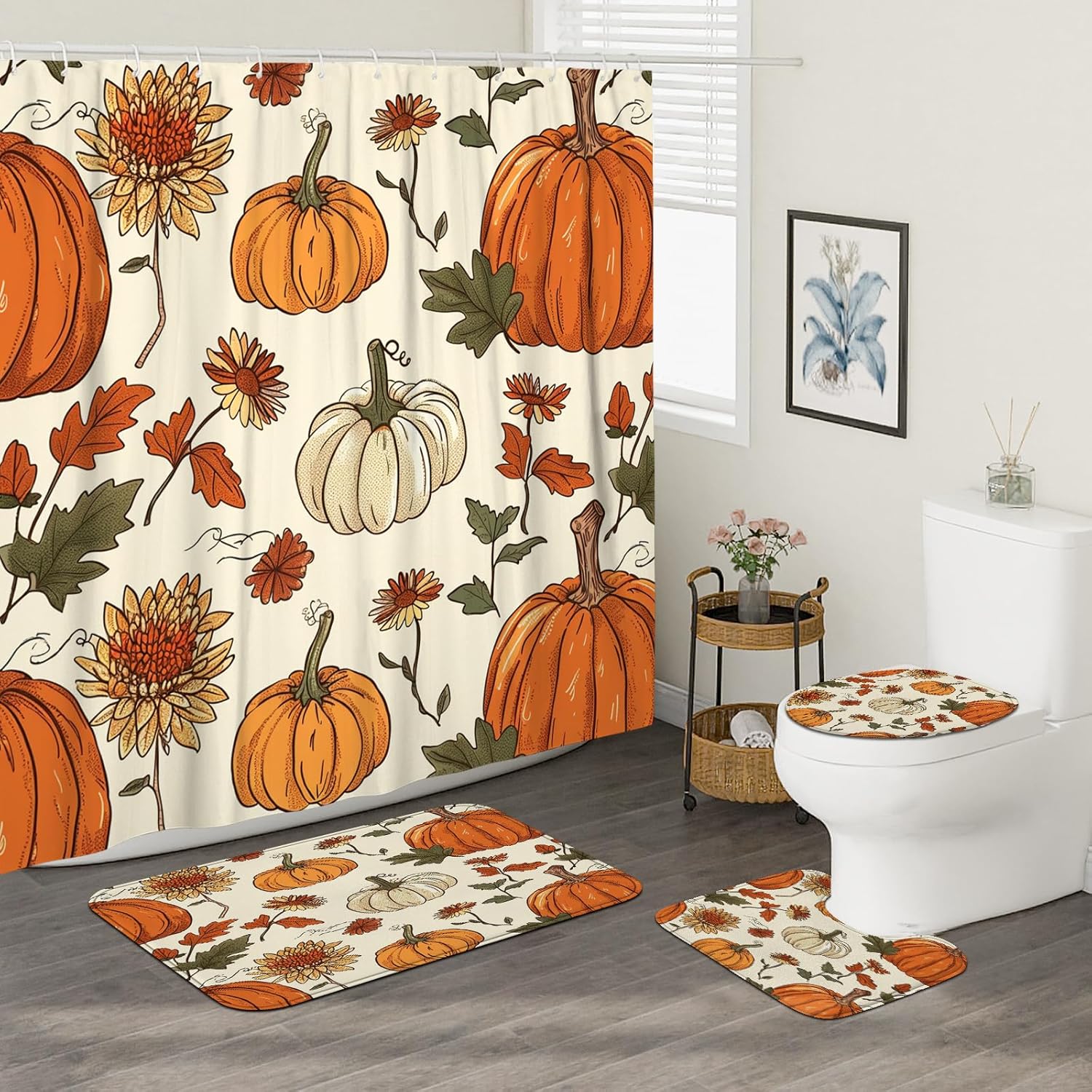 Autumn-themed shower curtain set for home decor