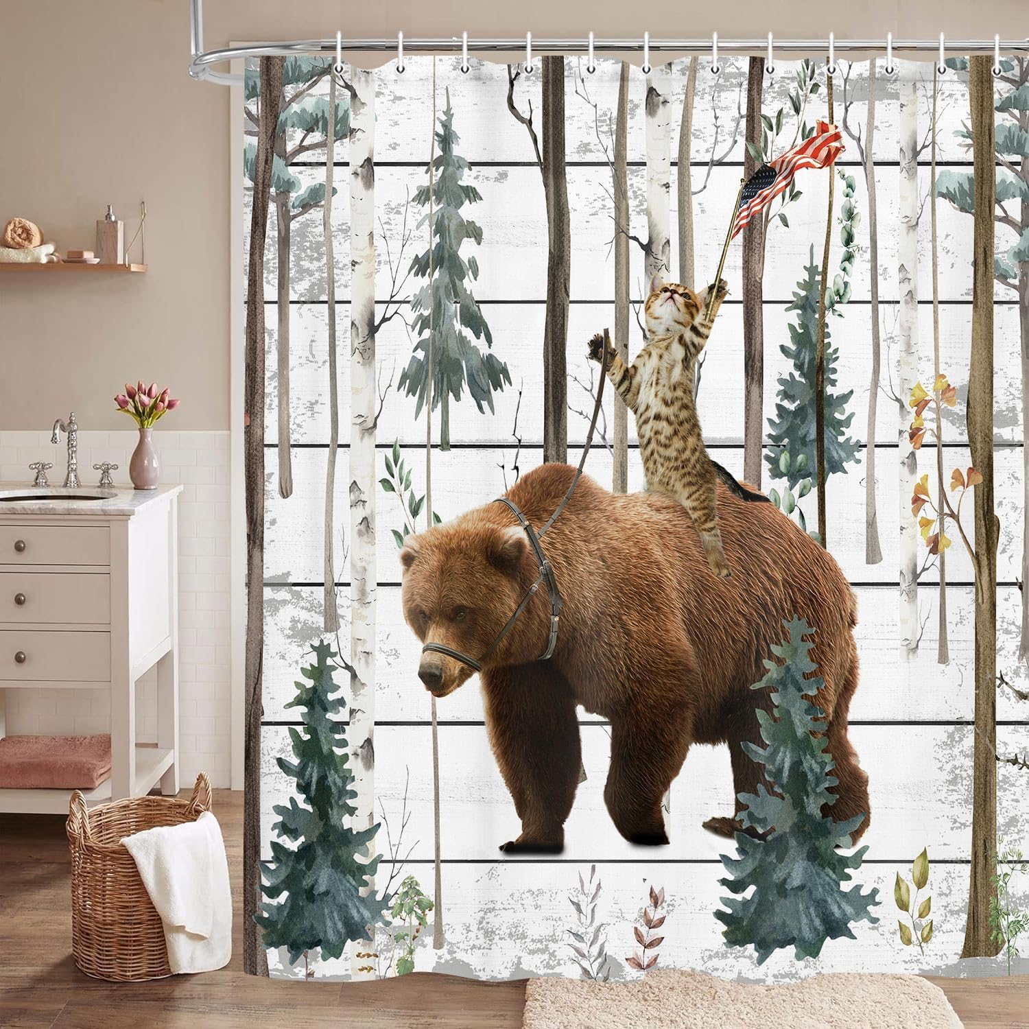 JAWO Funny Cat Bear Shower Curtain Birch Forest