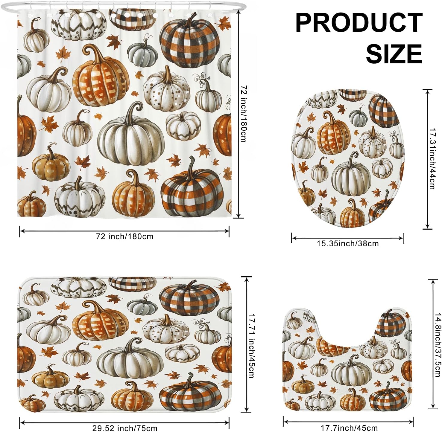 4PCS Fall Pumpkin Shower Curtain Set with Hooks and Non-Slip Rug