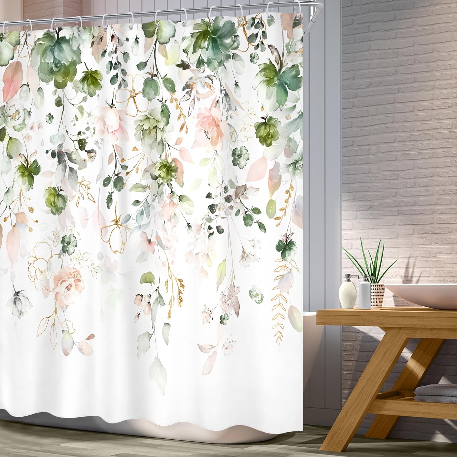Summer Green Pink Floral Shower Curtain