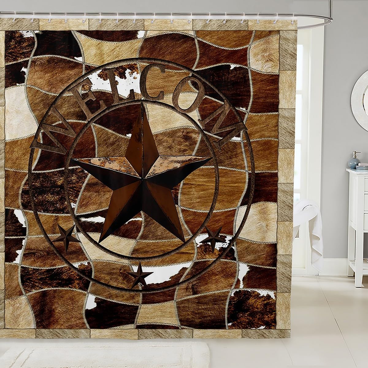Vibrant Rustic Cowhide Bath Curtain Western Texas Star