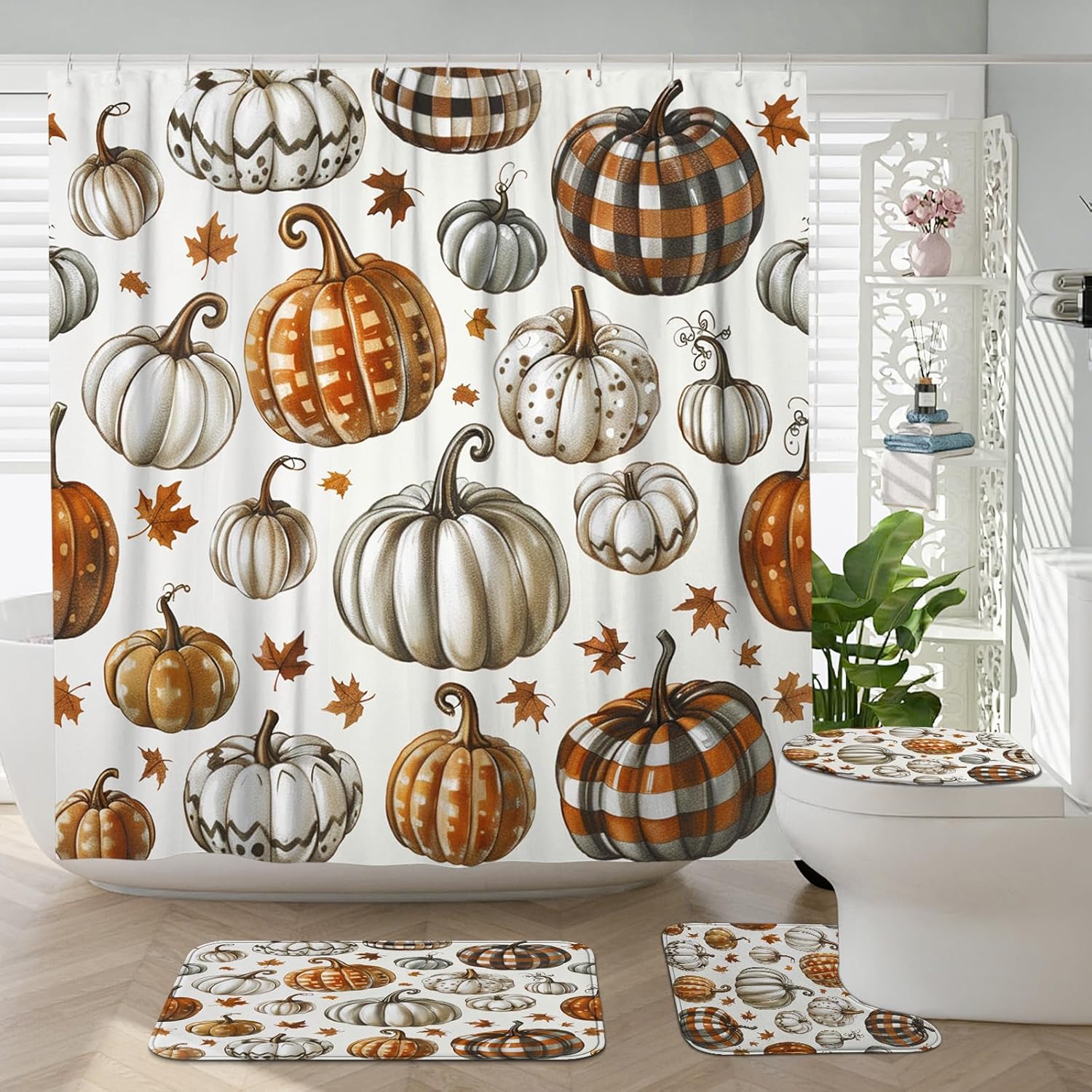 4PCS Fall Pumpkin Shower Curtain Set with Hooks and Non-Slip Rug