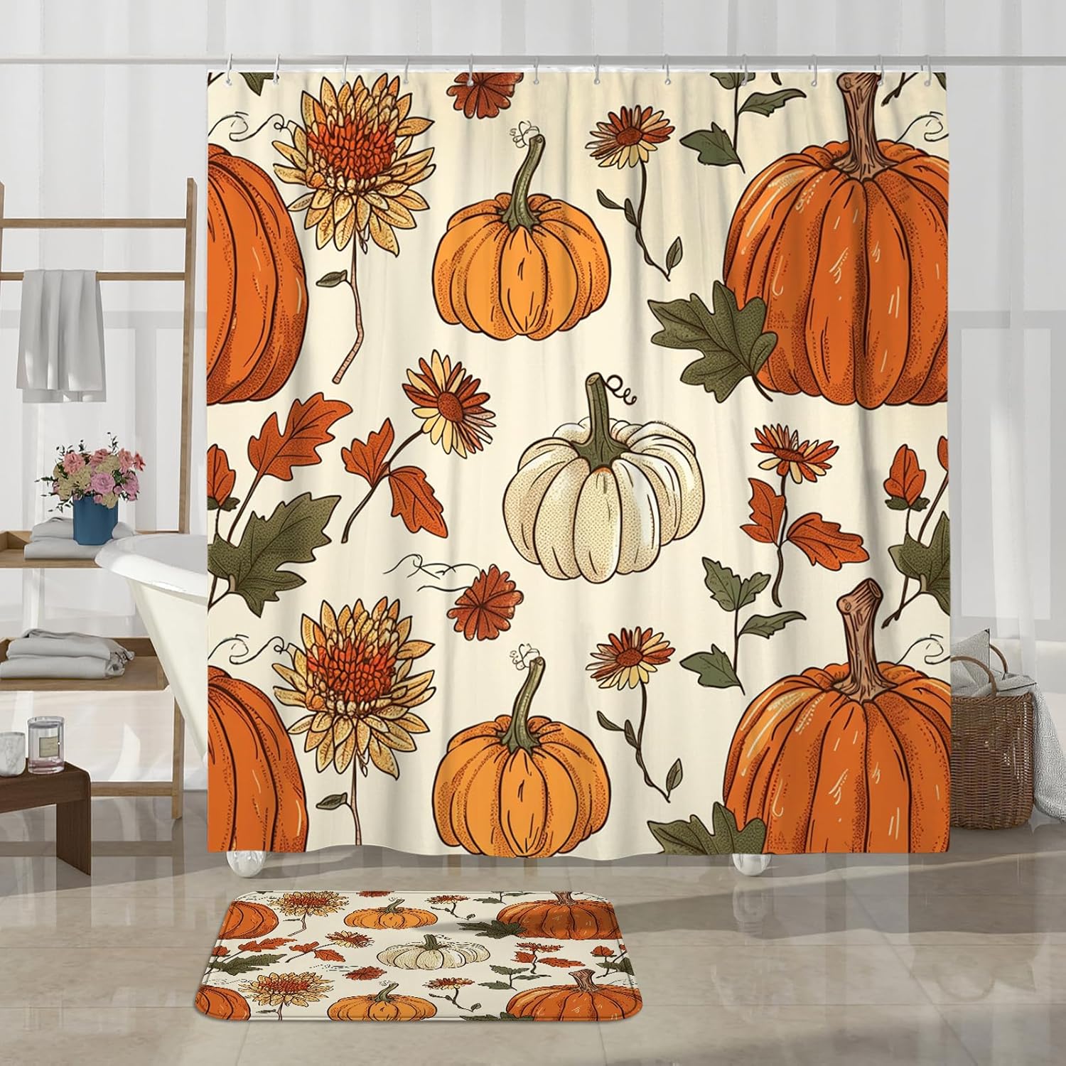 Autumn-themed shower curtain set for home decor