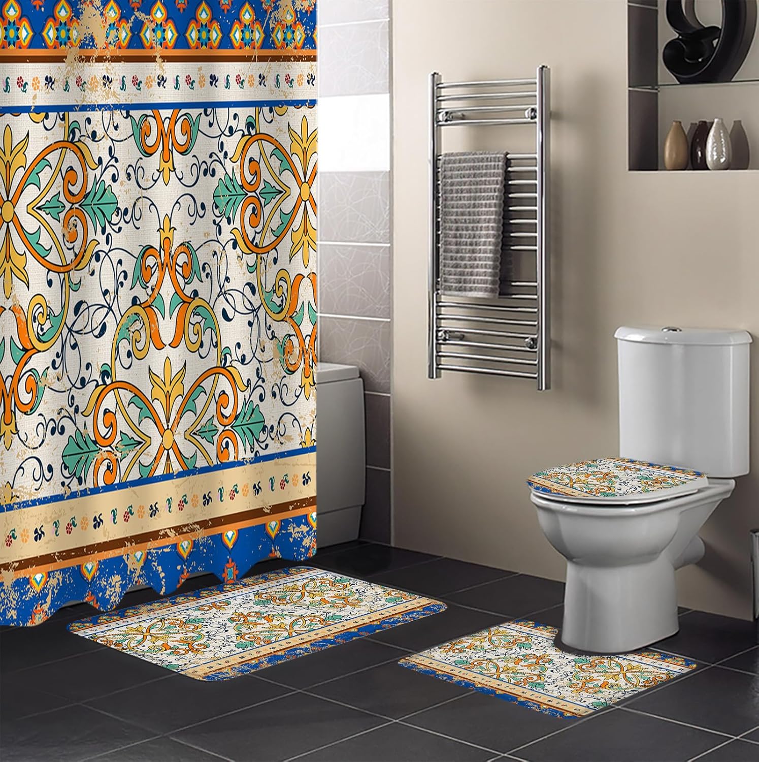 Bath Time Beauty - Boho Geometric Shower Curtain Rug Set Waterfall Print 66x72