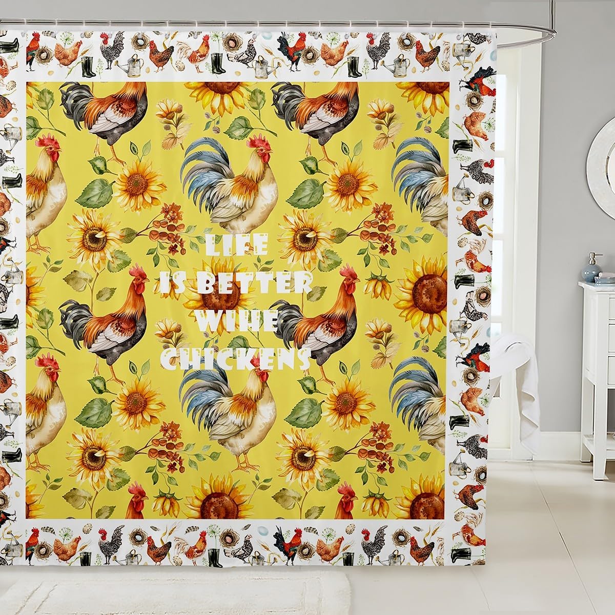 Feelyou Cute Chicken Bath Curtain Set for Kids Adults 72x72