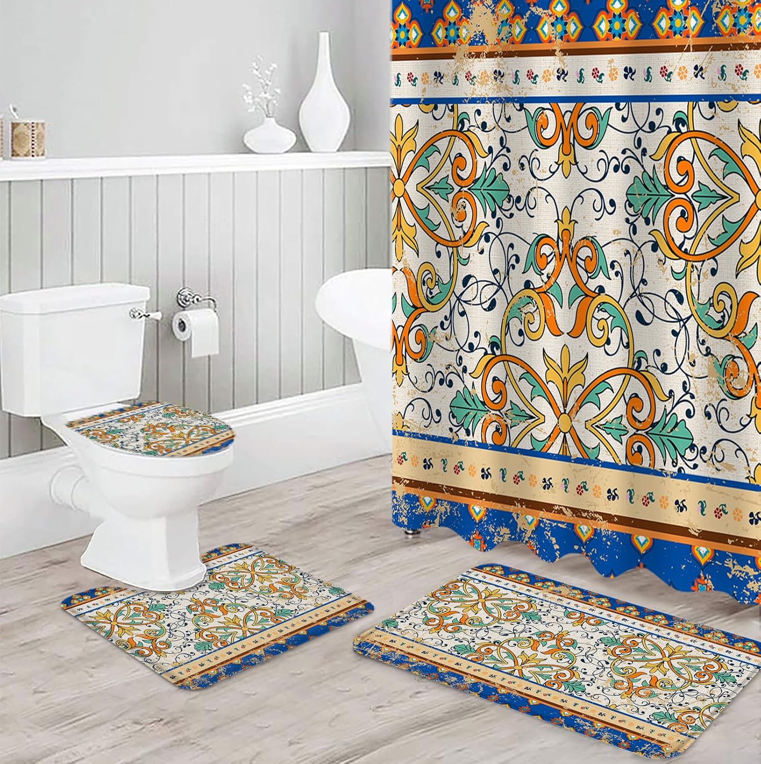 Bath Time Beauty - Boho Geometric Shower Curtain Rug Set Waterfall Print 66x72