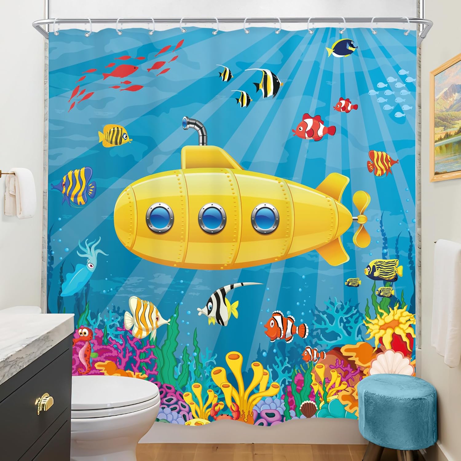 Riyidecor Kids Cartoon Shower Curtain Set