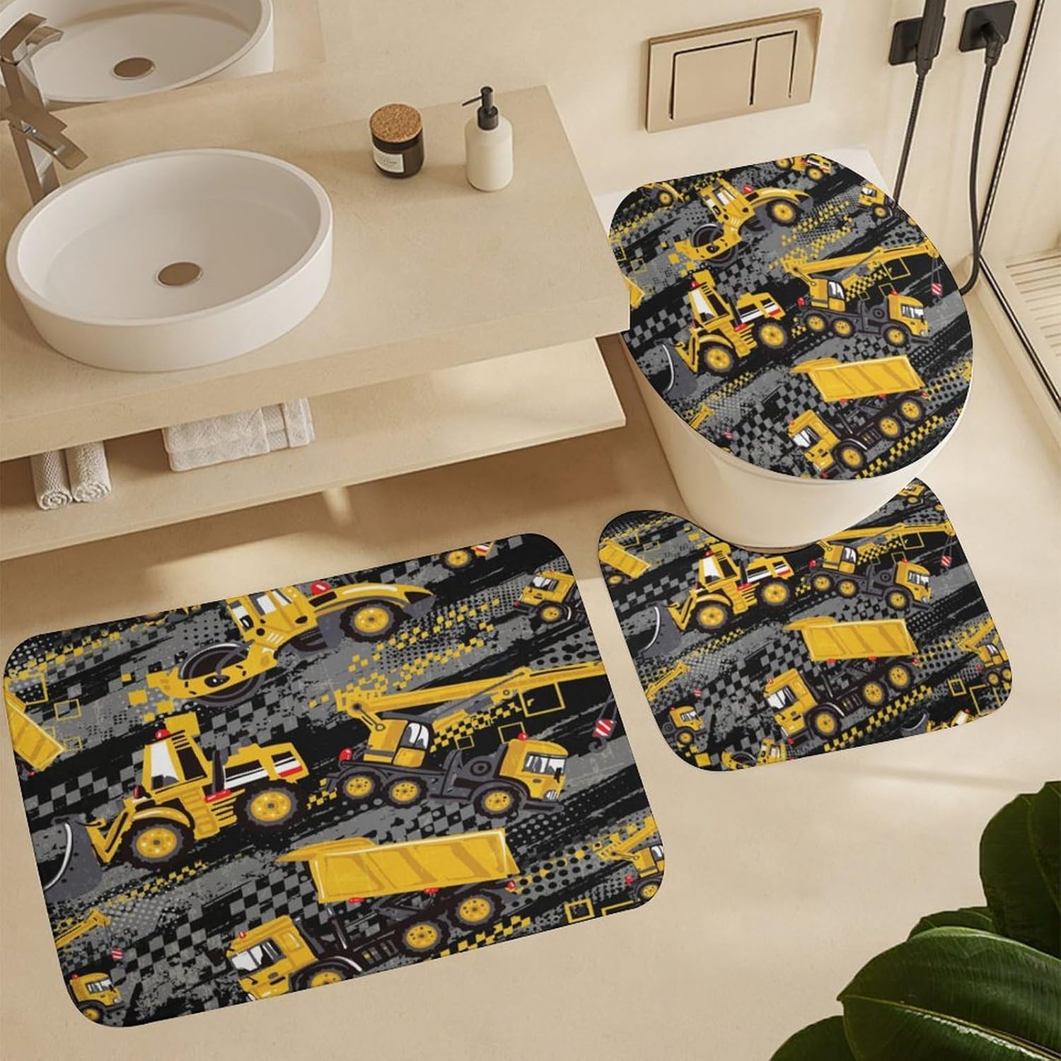 Cool Boys Girls Room Excavator 4-Piece Waterproof Shower Curtains Set