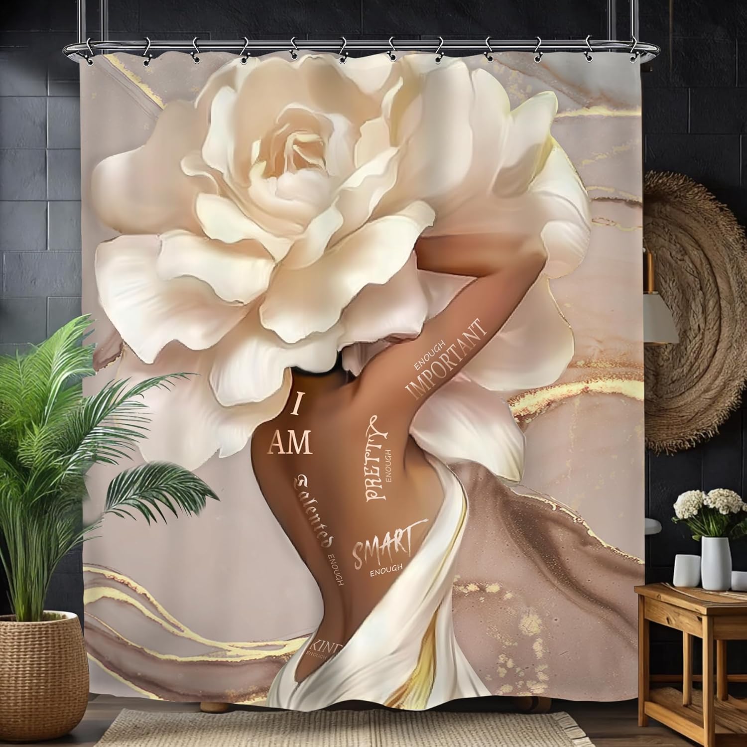 Yookeb African American Flower Bathroom Show Curtain 60x71 In Black