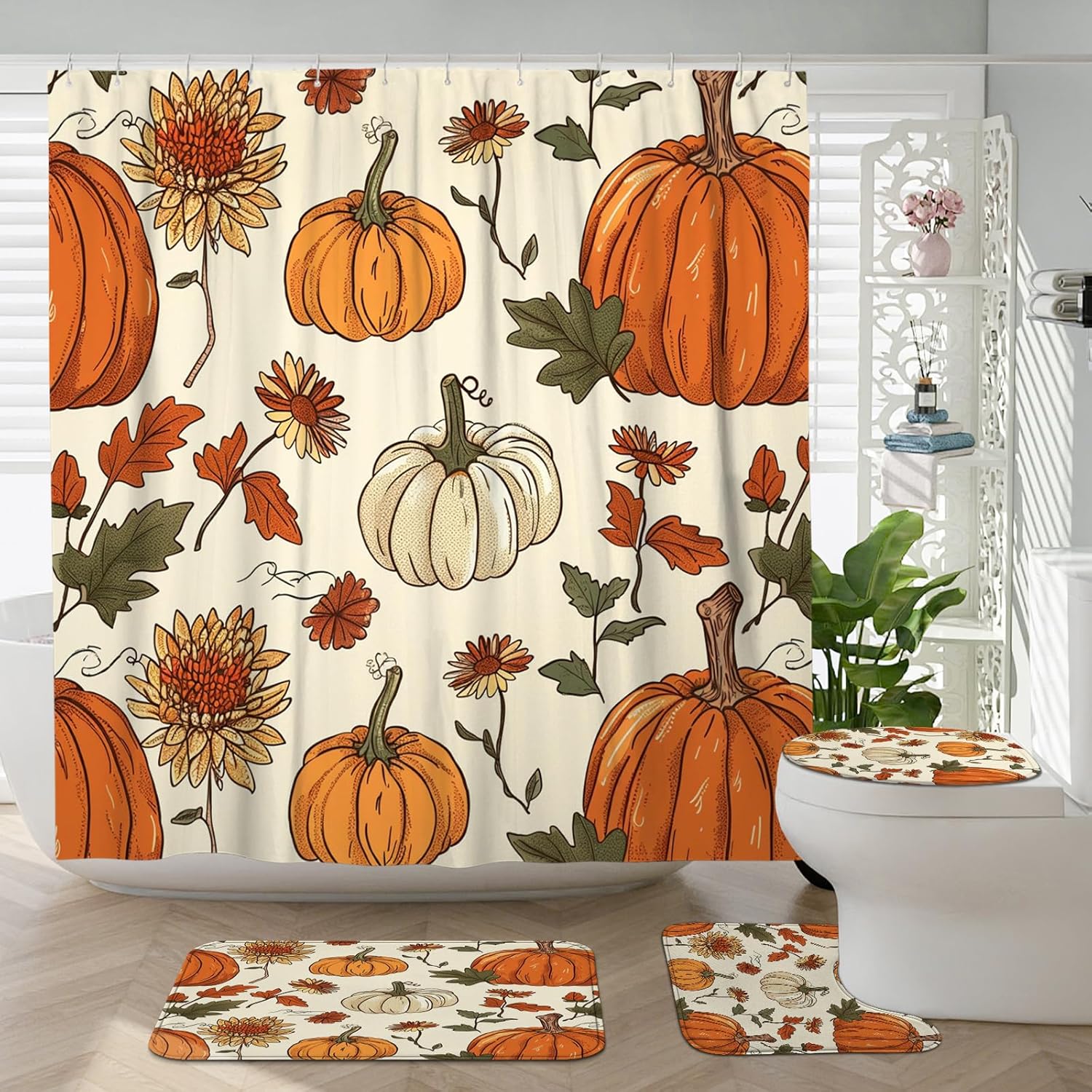 Autumn-themed shower curtain set for home decor