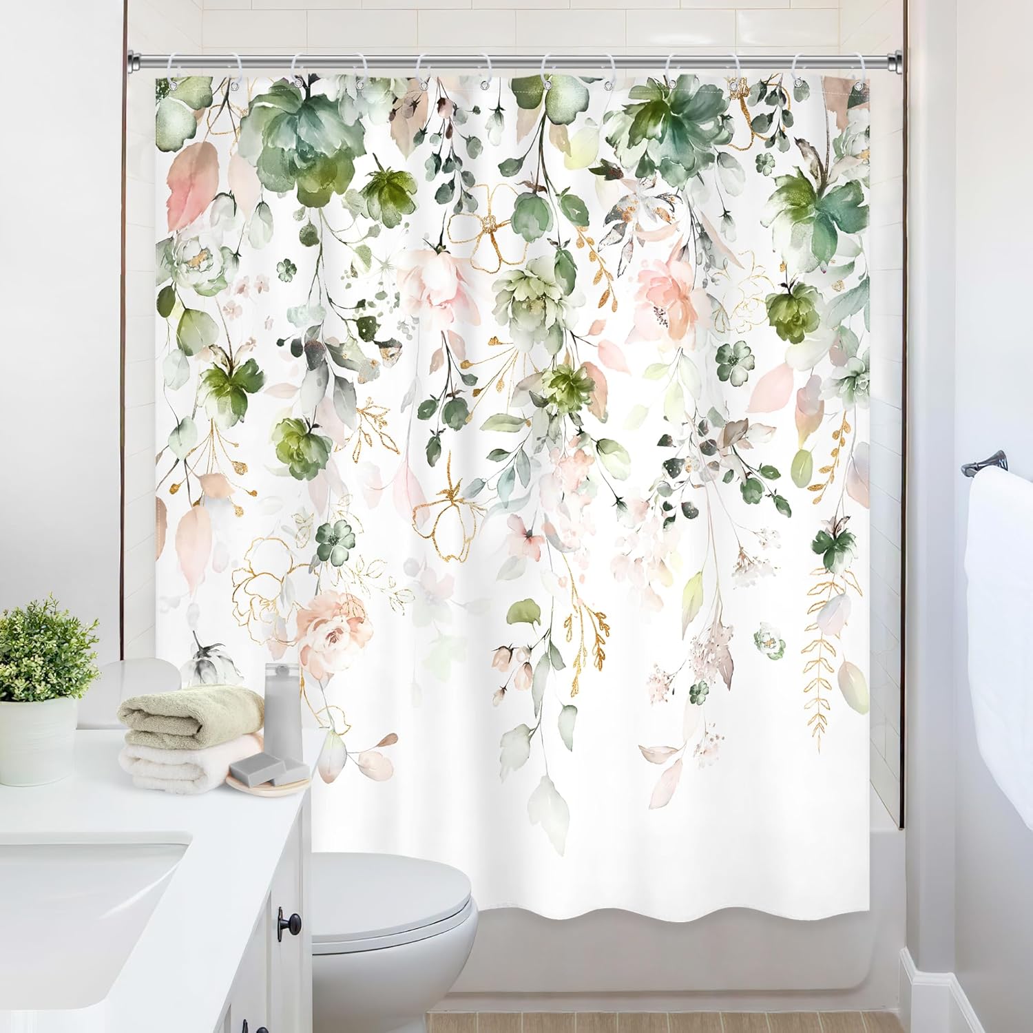 Summer Green Pink Floral Shower Curtain