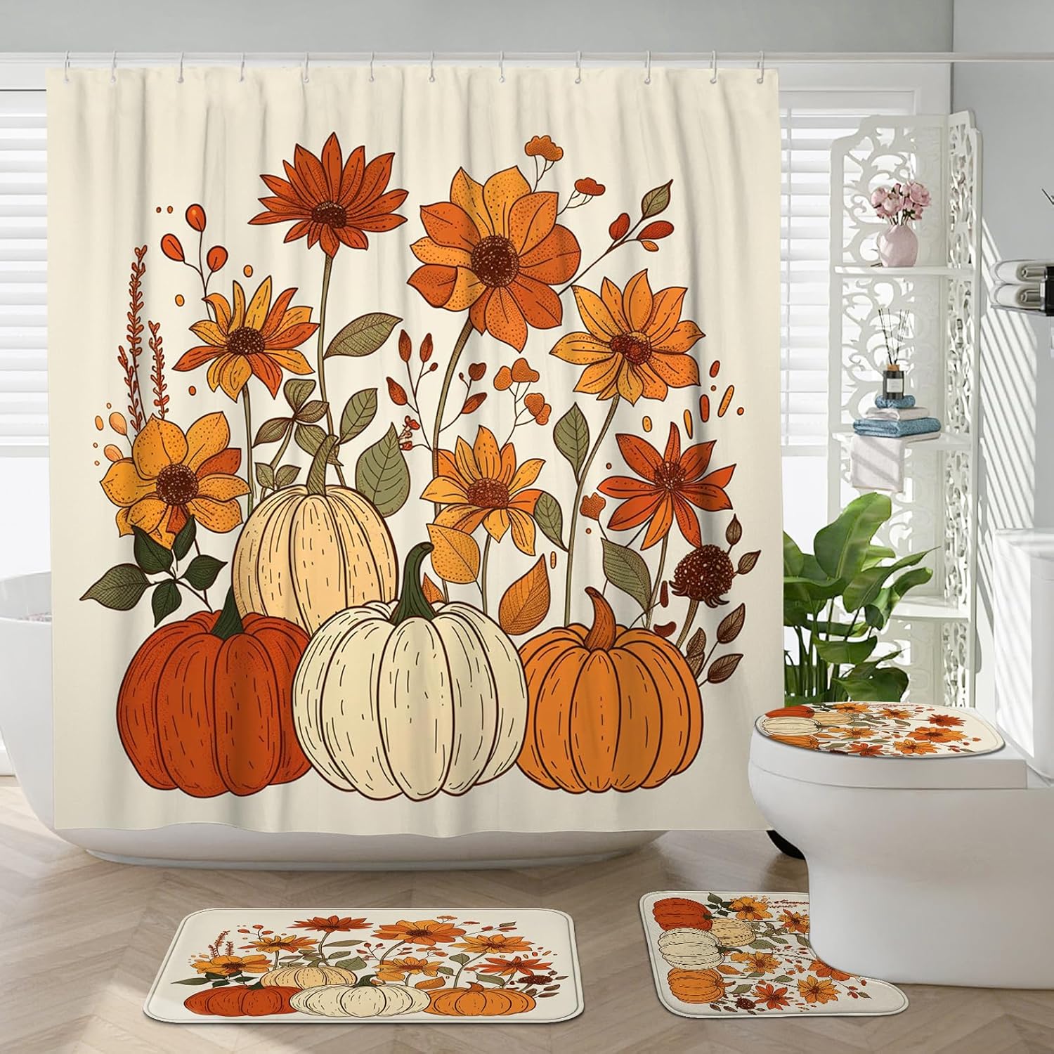 4PCS Fall Cream Pumpkin Shower Curtain Set