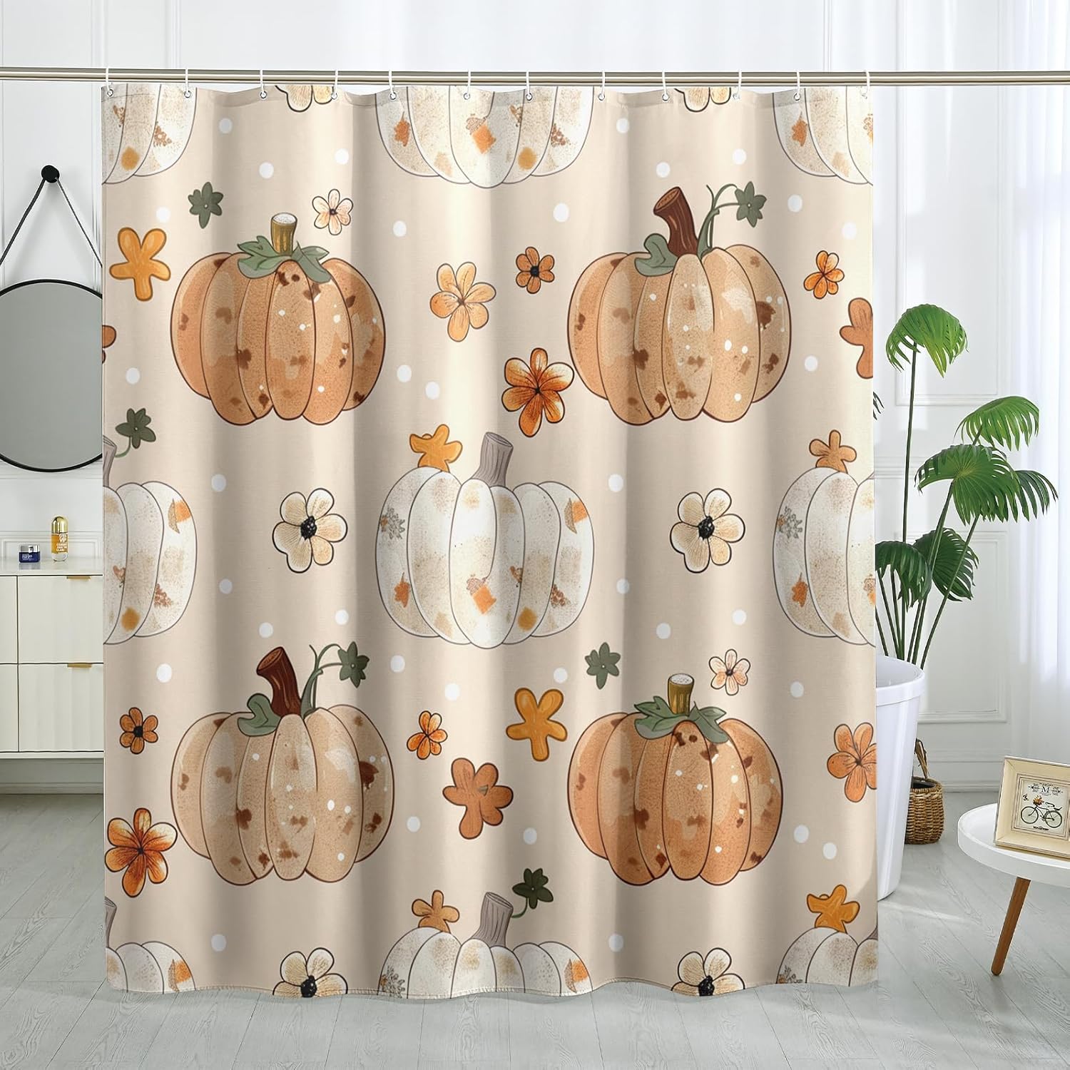 GDHBLING Fall Dot Pumpkin Shower Curtain with Rust-Proof Metal Rings