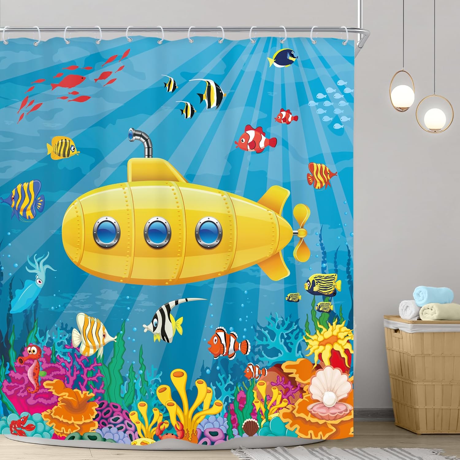 Riyidecor Kids Cartoon Shower Curtain Set