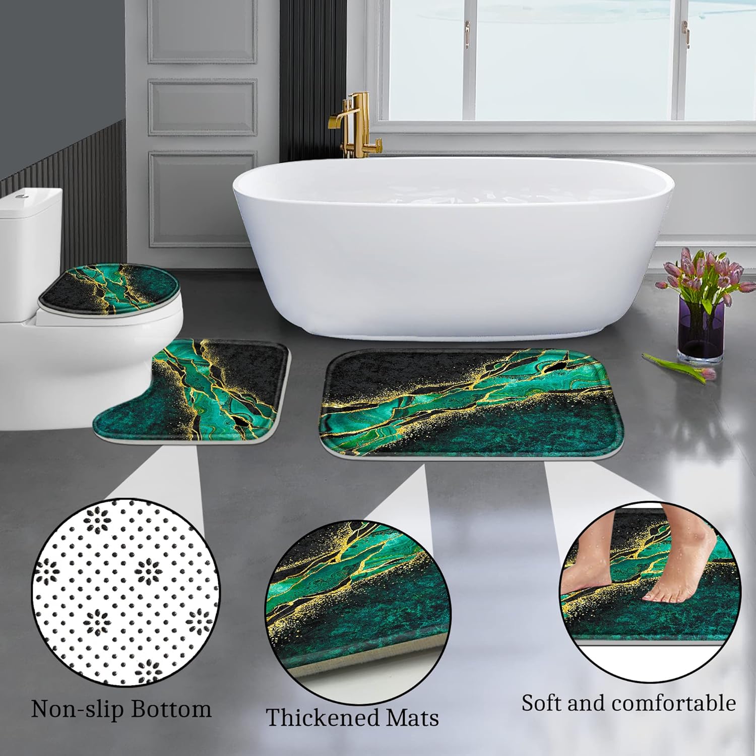 Poedist 4-Piece Bathroom Set Gold Edge Green