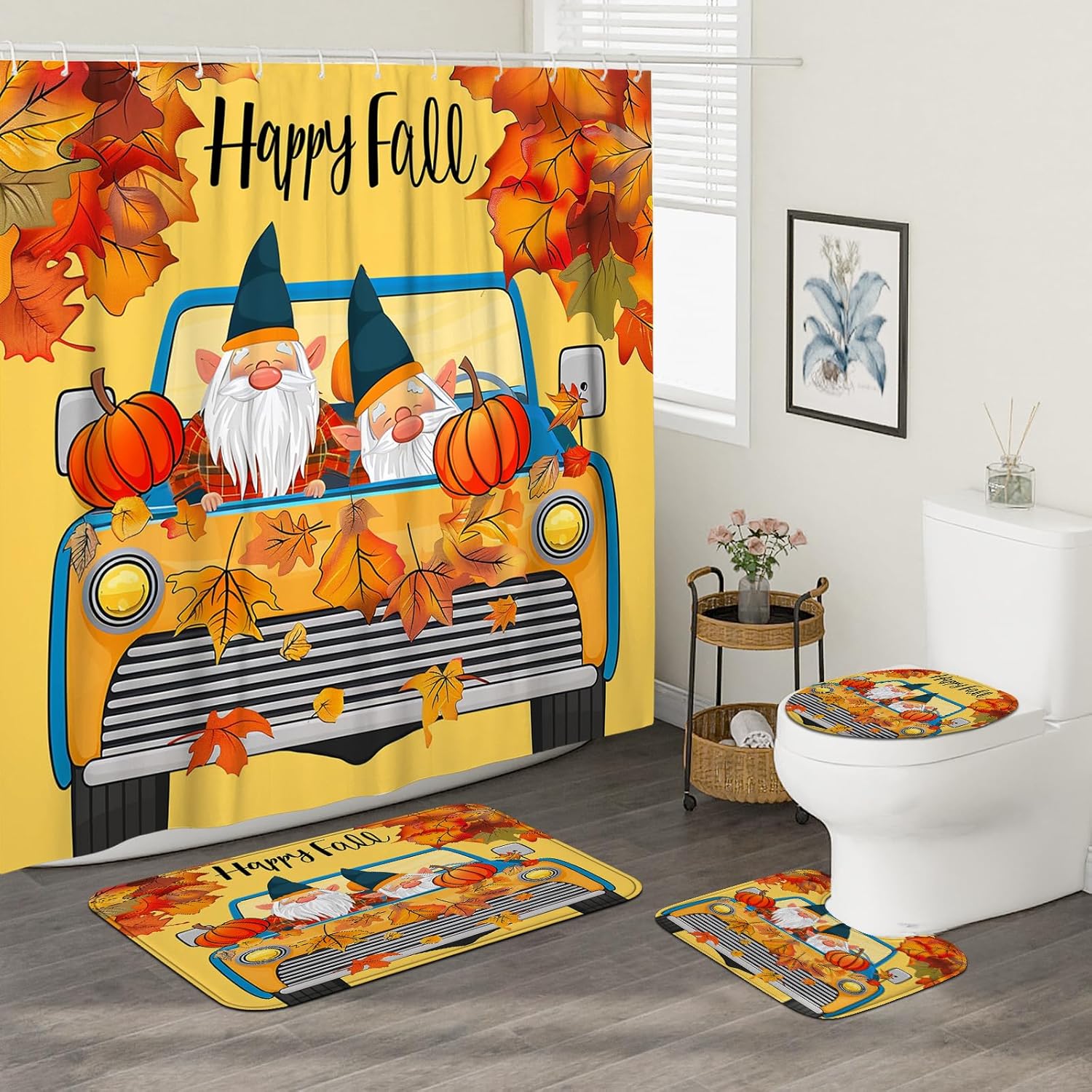 4PCS Fall Kids Gnome Shower Curtain Set with Hooks