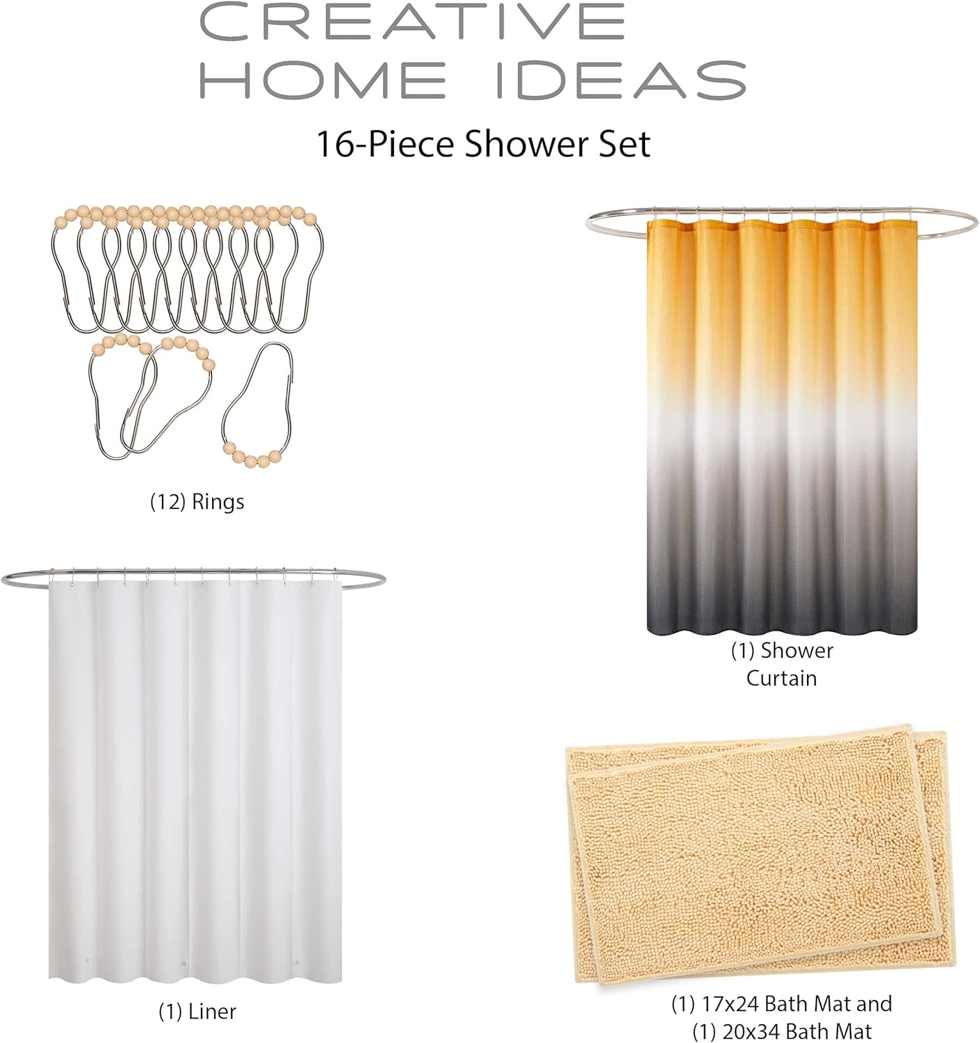Creative Home Ideas Bath Set Shower Curtains Liners 16-Piece Golden YellowWhiteGrey Ombre